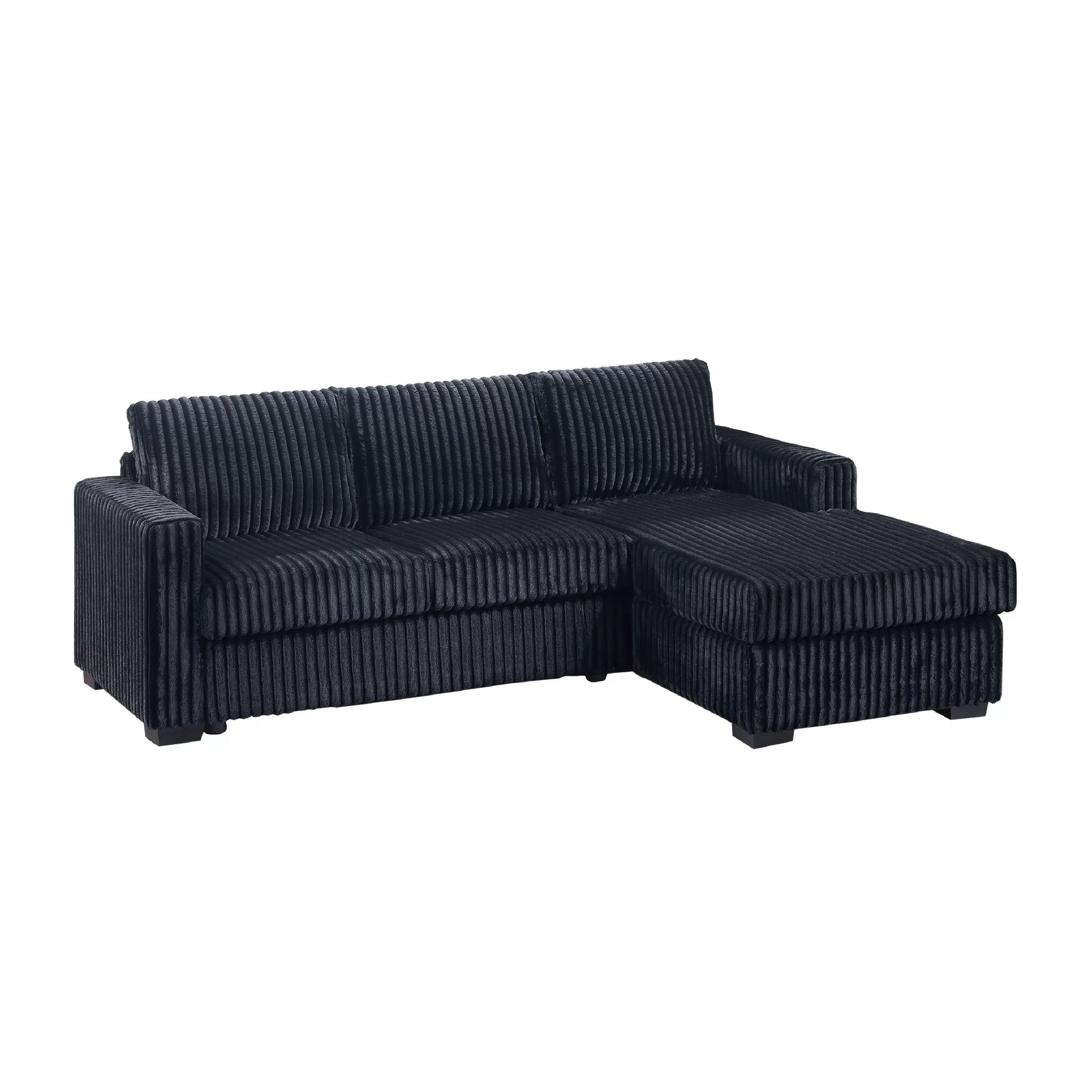 Leah All In One Chaise Sectional Sofa Wide Track Arms Black Corduroy