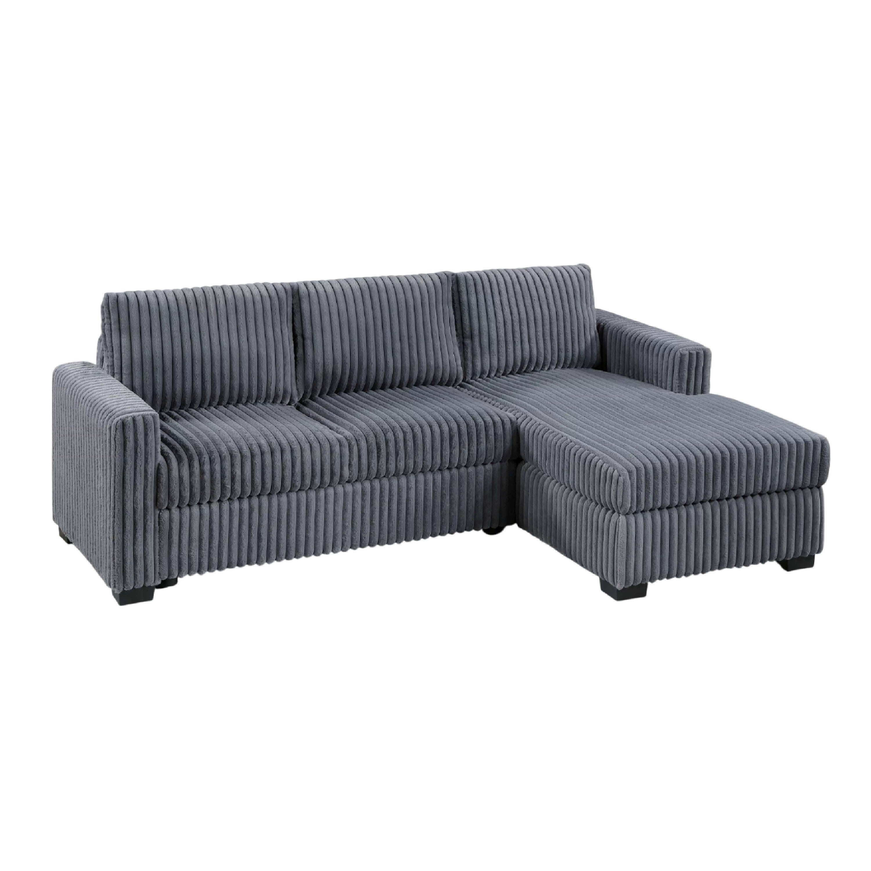Leah All In One Chaise Sectional Sofa Wide Track Arms Gray Corduroy