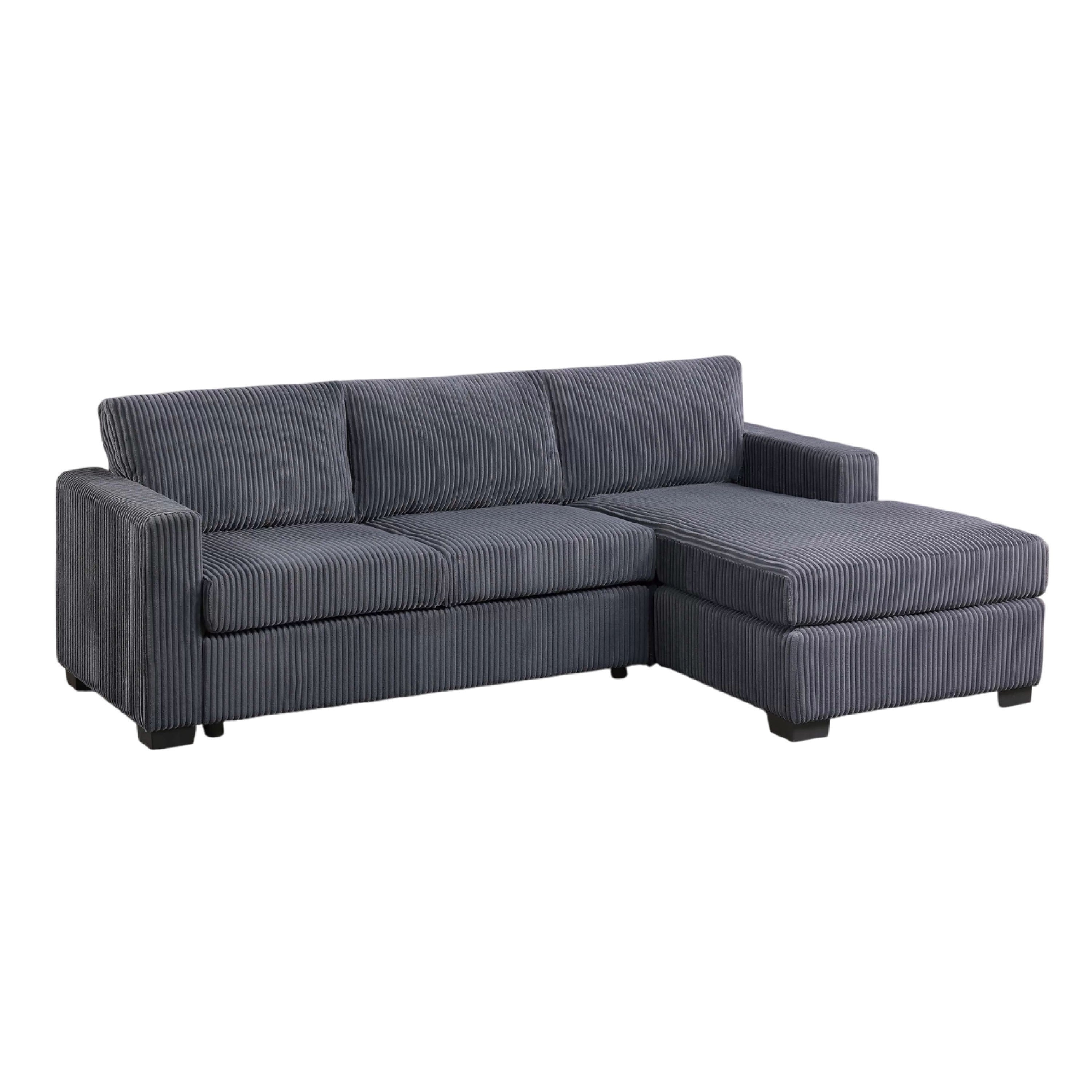 Leah All In One Chaise Sectional Sofa Wide Track Arms Gray Corduroy