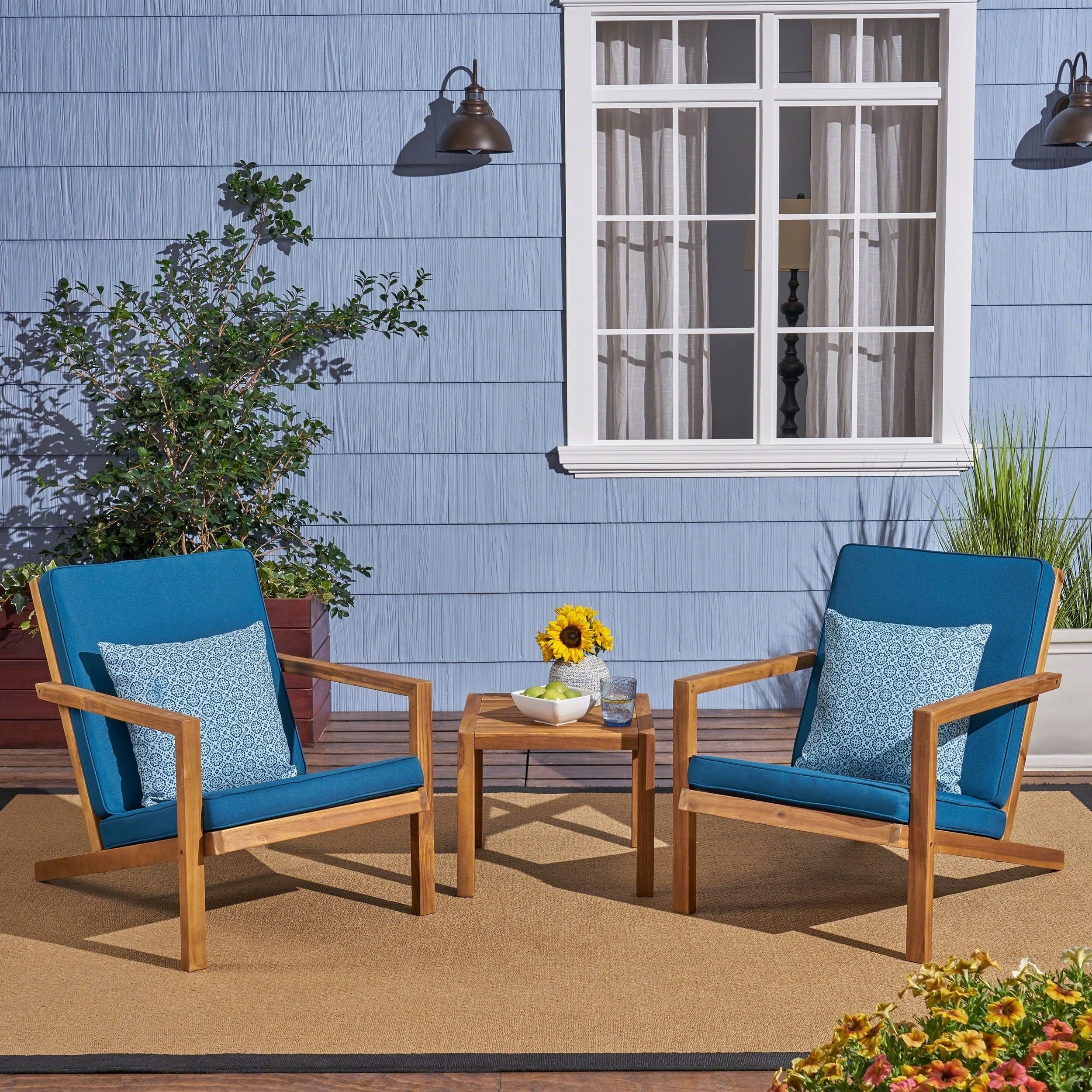 Leah Outdoor 3 Piece Acacia Wood Chat Set With Cushions By Christopher Knight Home