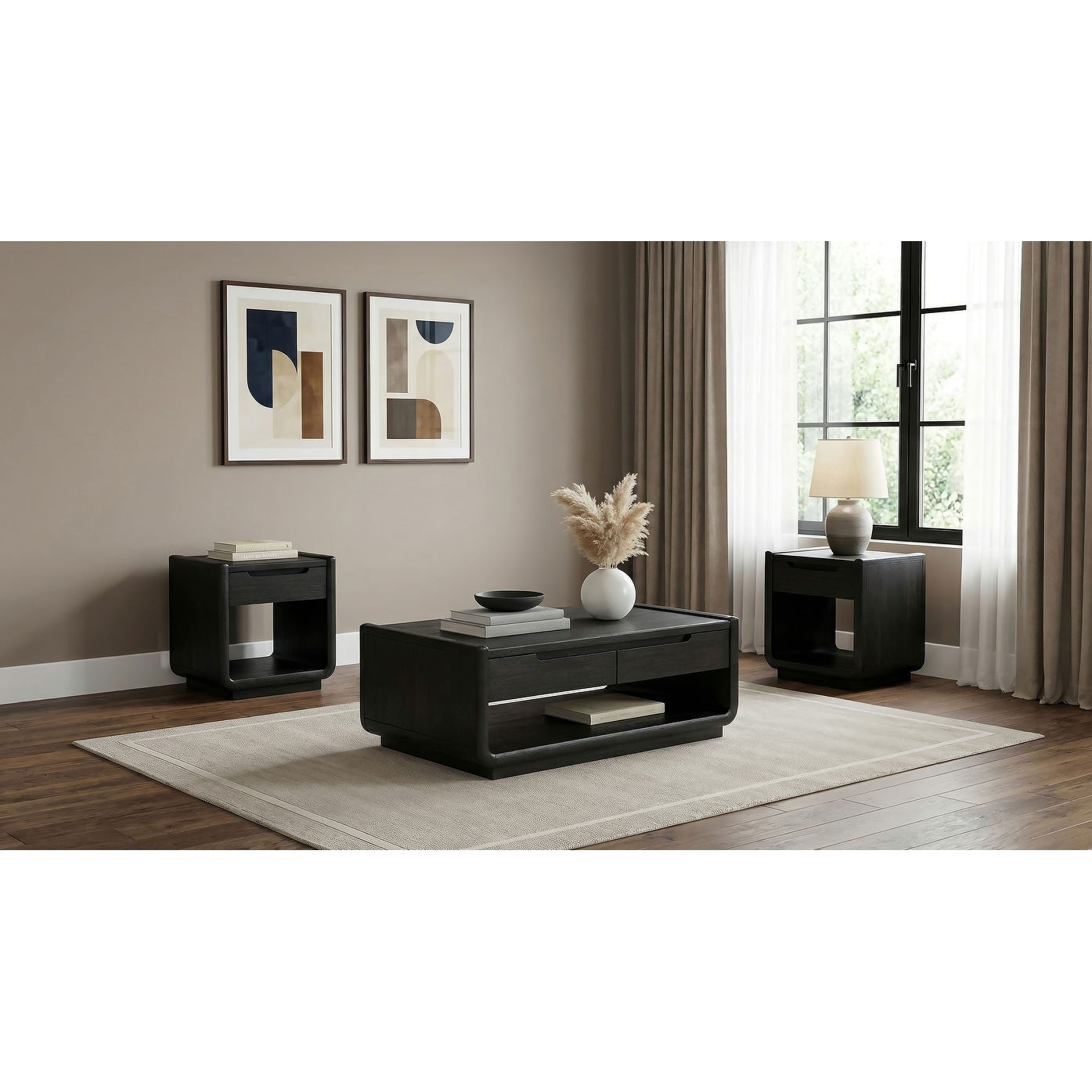 Leandro Wood Coffee And End Table Set Burnished Black