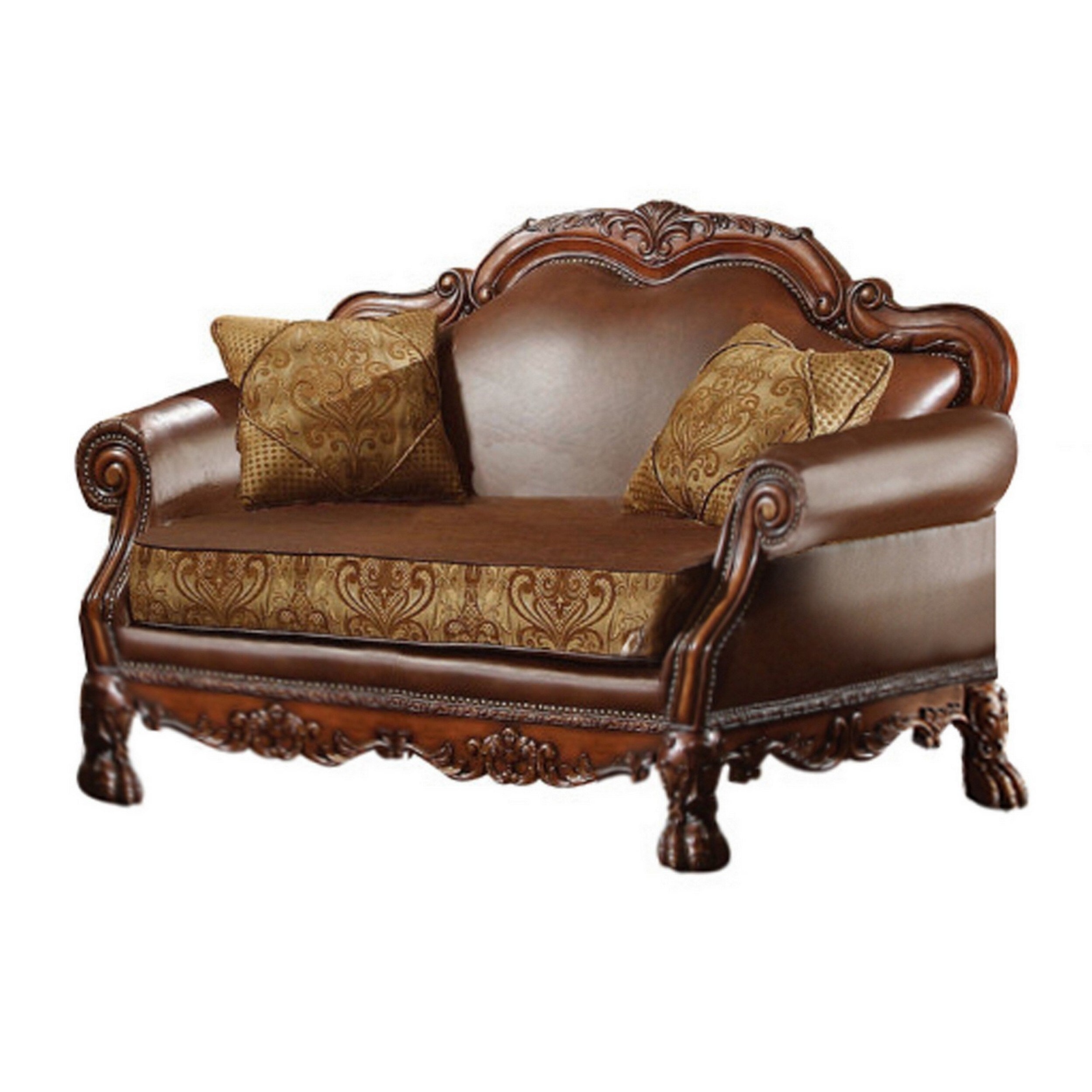 Leather Upholstered Love Seat With 2 Pillow Cherry Brown