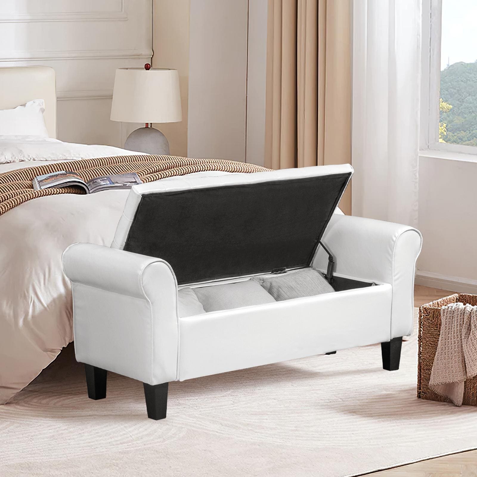 Leather Upholstered Storage Ottoman Bench With Armrest
