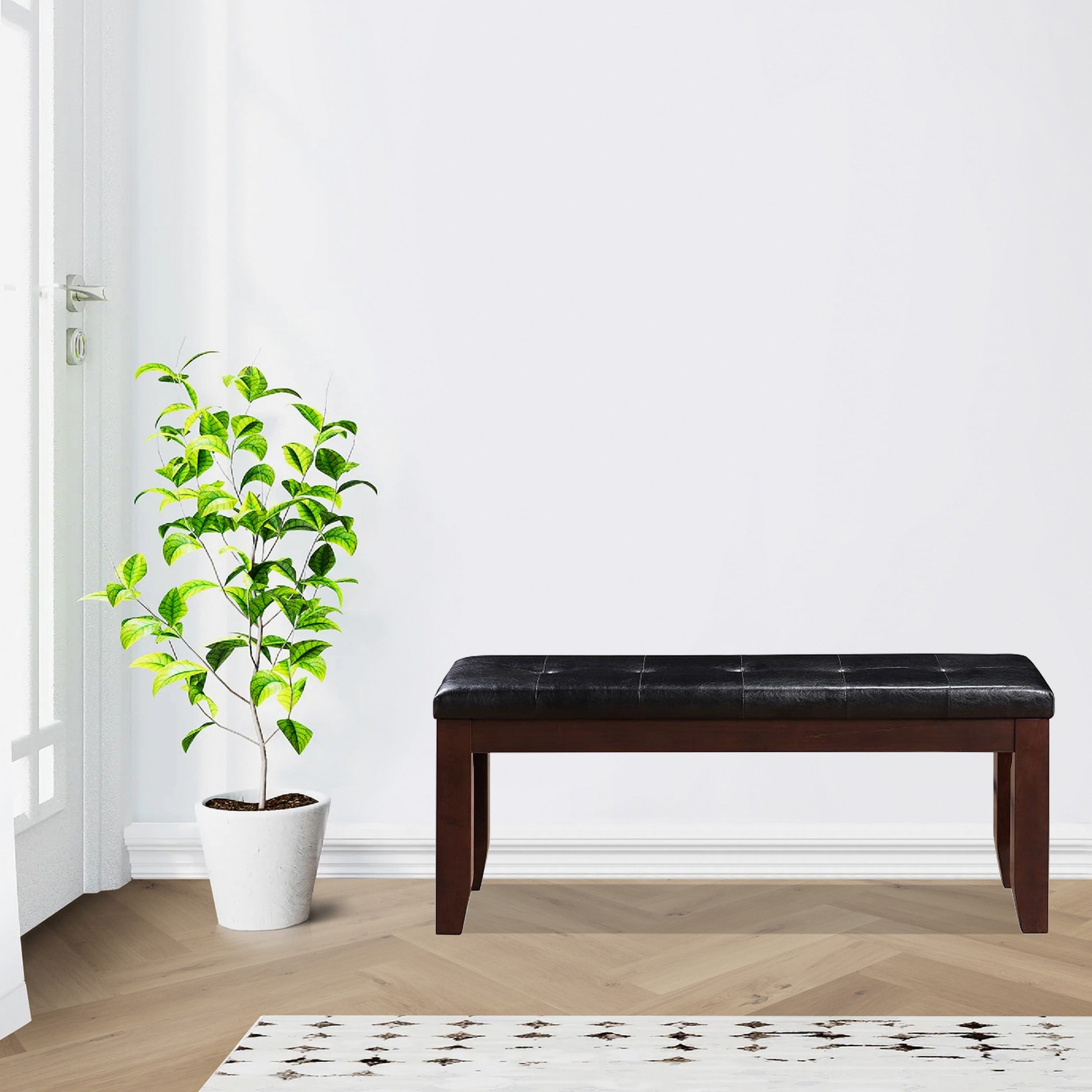 Leather Upholstered Wooden Bench With Tufted Seat Espresso Brown Black