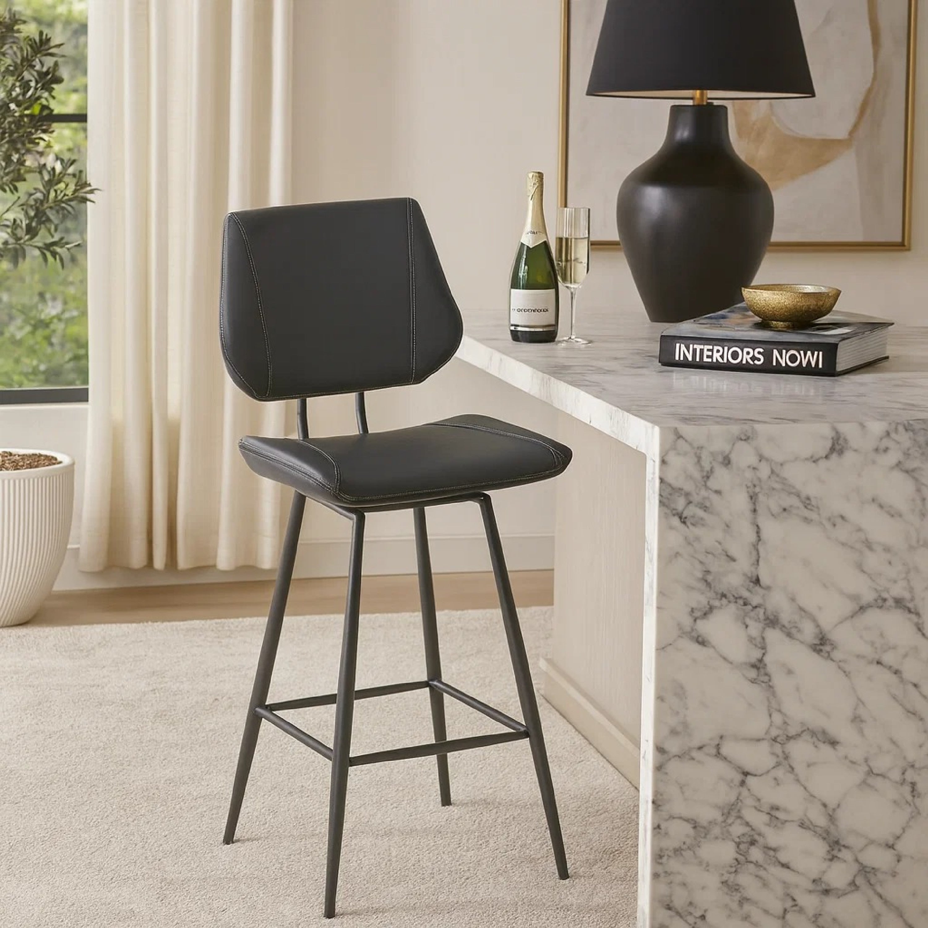 Leather Upholstered And Metal Bar Height Stool With Stitch Details Black