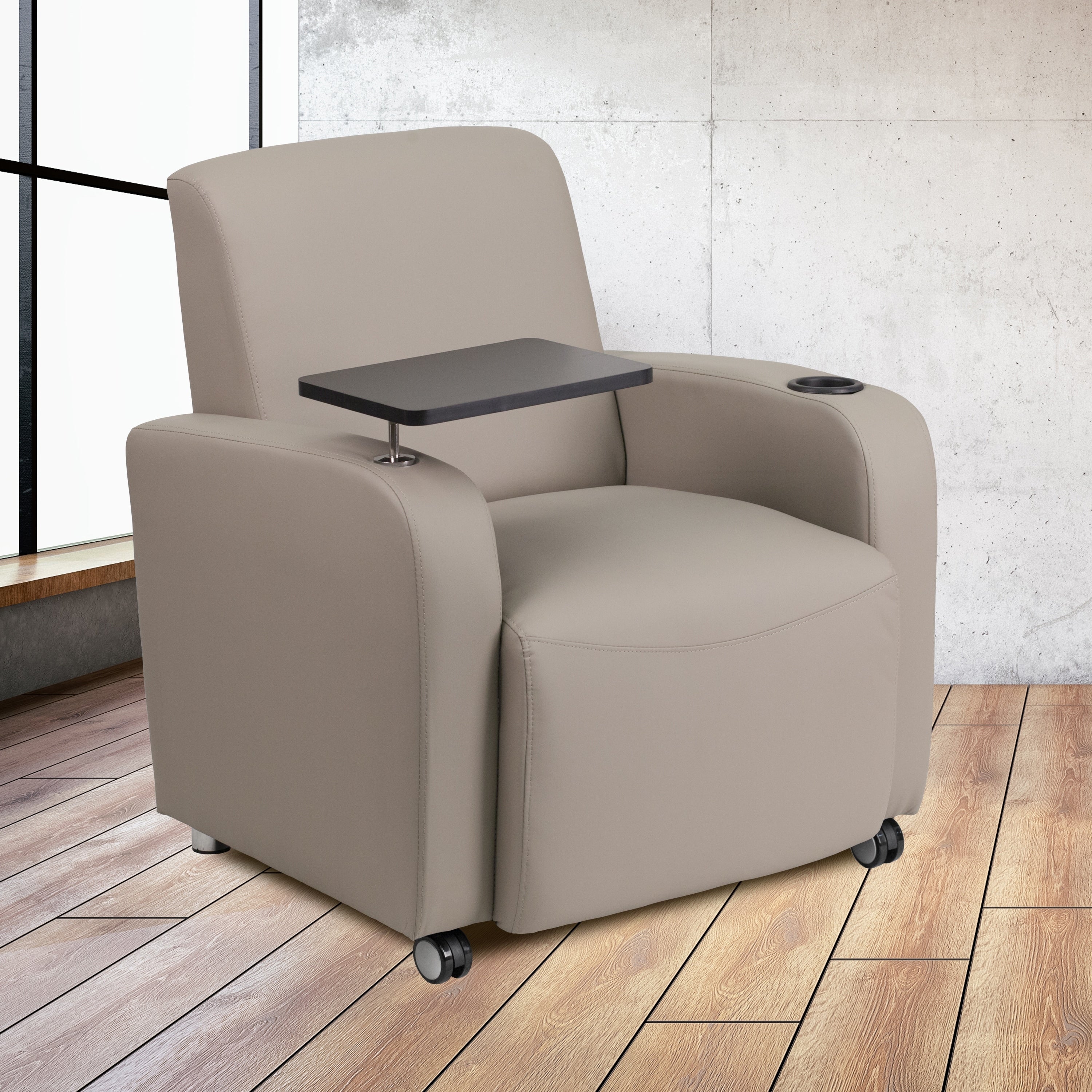 Leather Guest Chair With Tablet Arm Front Wheel Casters And Cup Holder