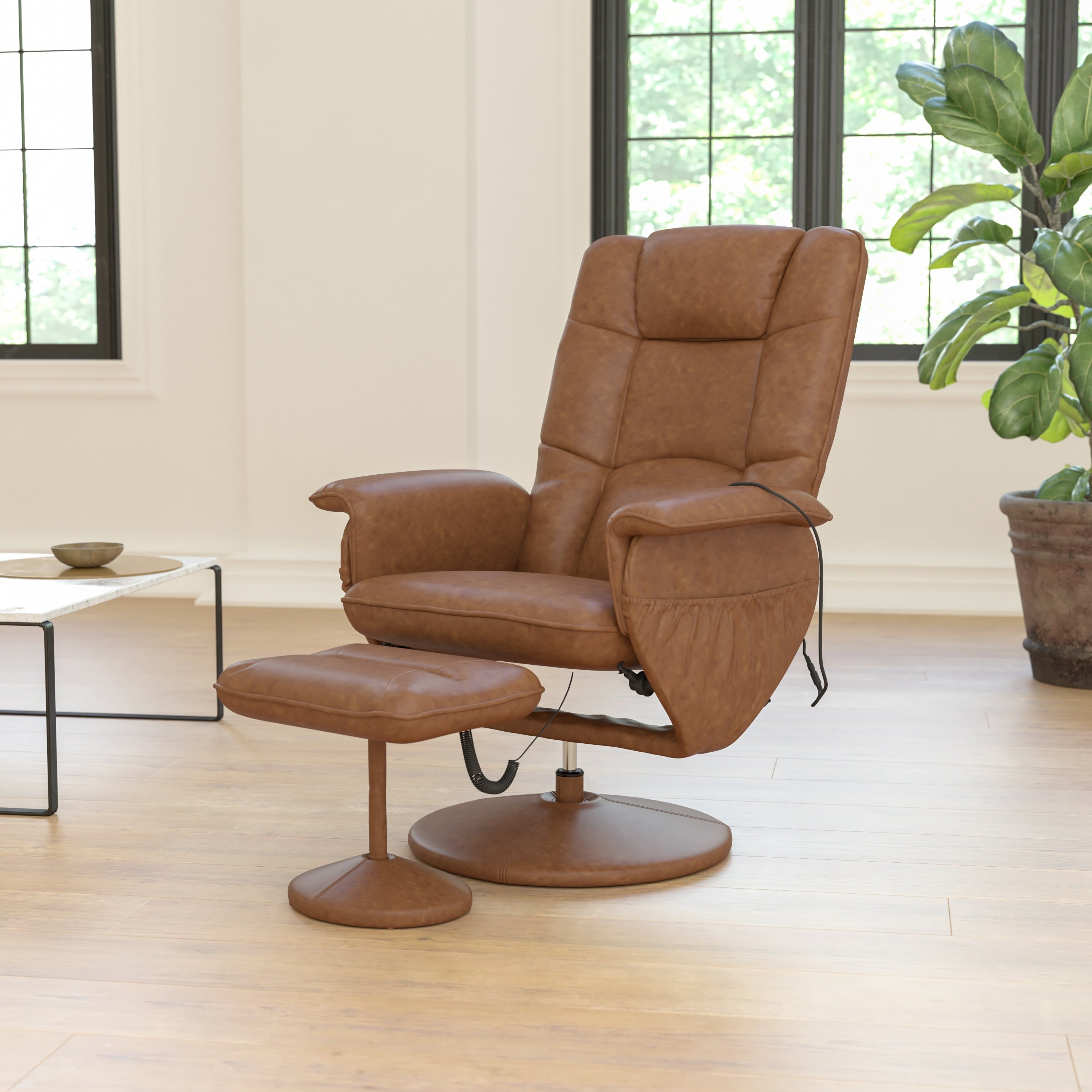 Massaging Black Leather Recliner Ottoman With Leather Wrapped Base
