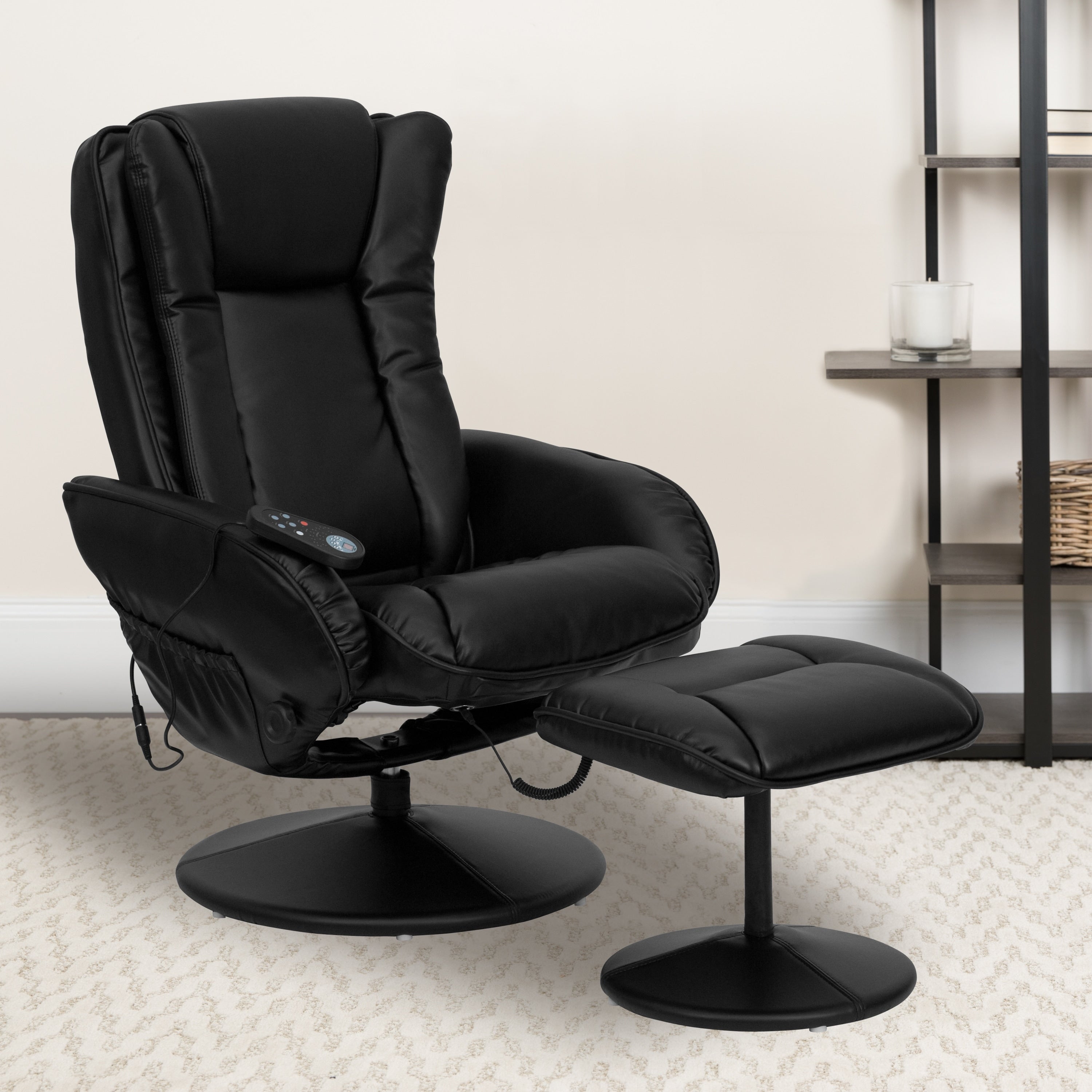 Strick Bolton Leonard Black Leather Massaging Recliner And Ottoman With Leather Wrapped Base