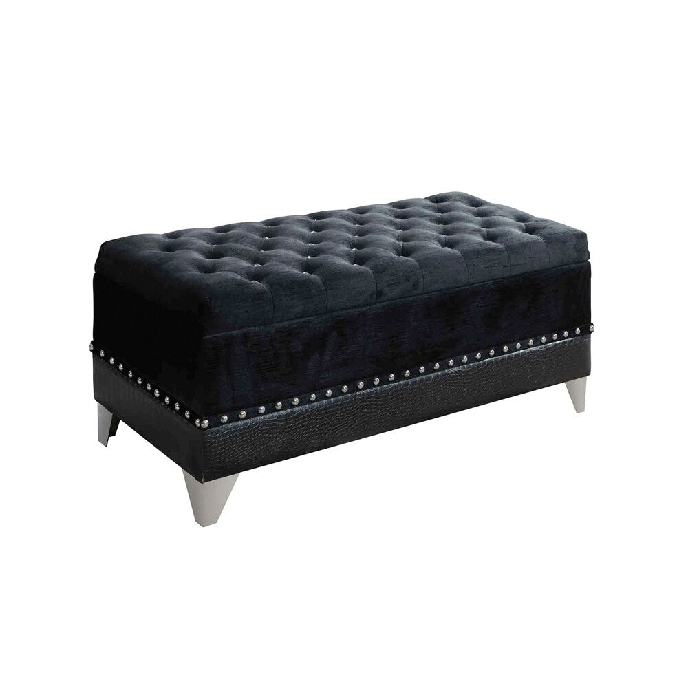 Leatherette Storage Bench With Nailhead Trims And Button Tufted Seat Black