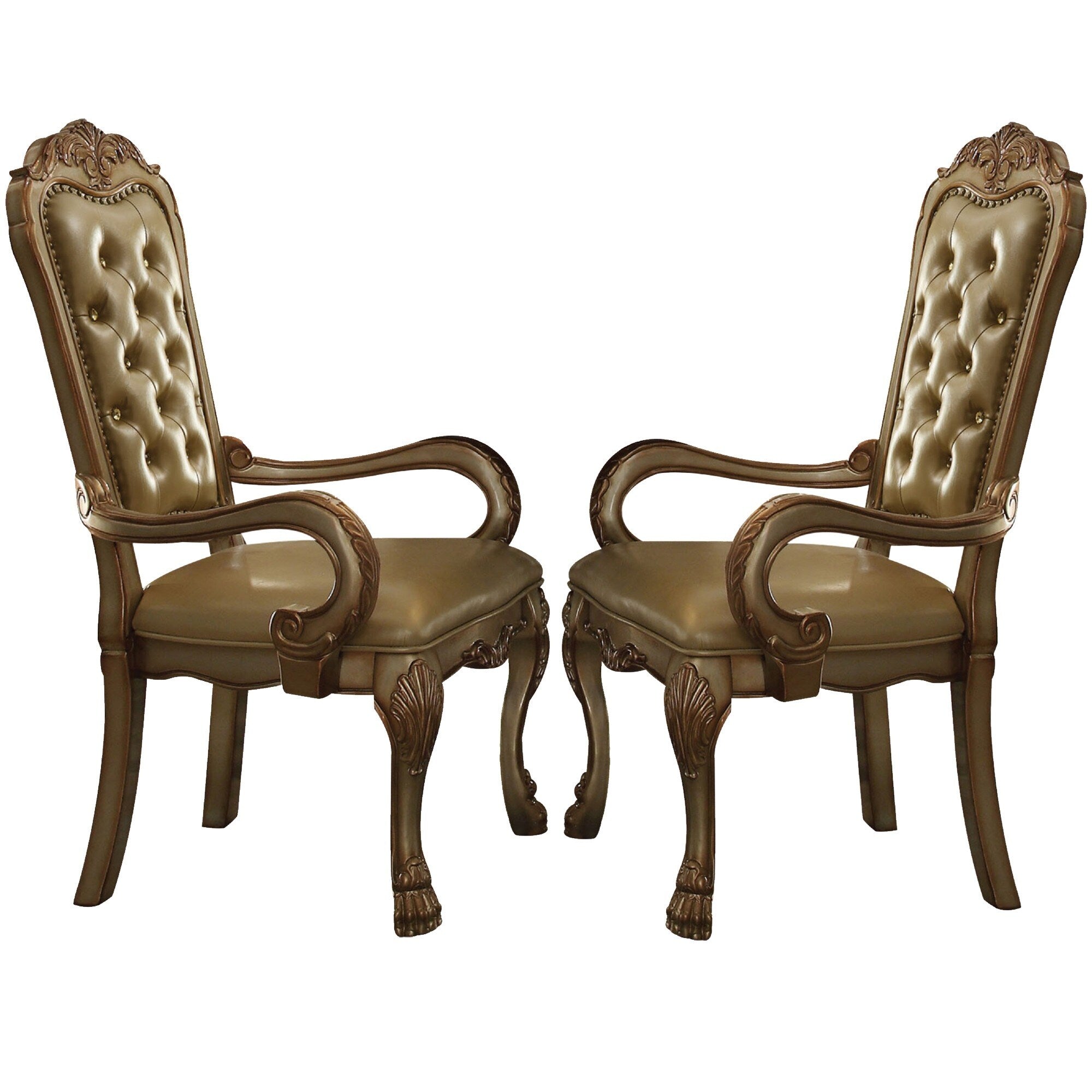 Leatherette Upholstered Arm Chair With Intricate Carvings Set Of 2 Gold