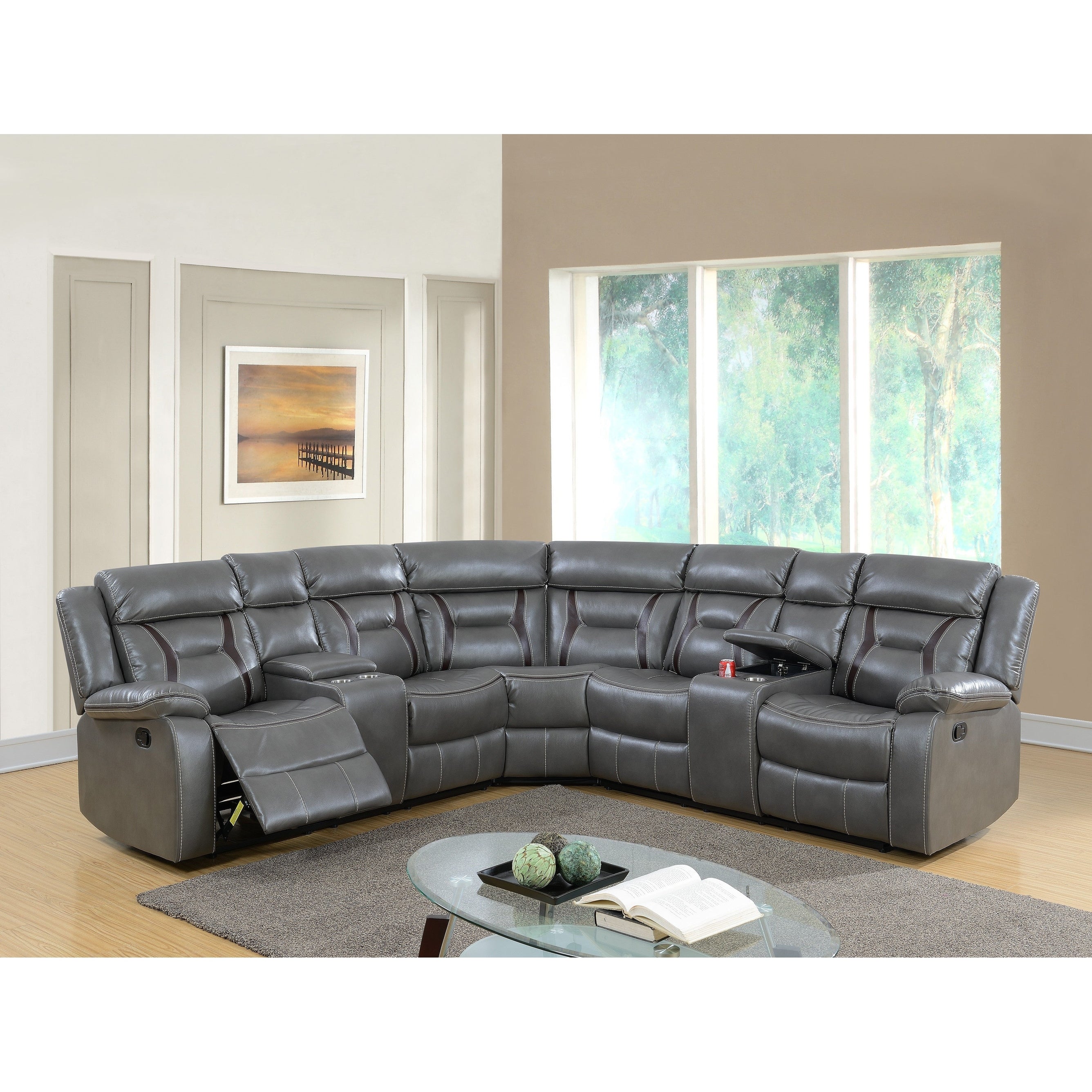 Leatherette Upholstery Manual Sectional Set 3Pc Storage Space Gray Finish