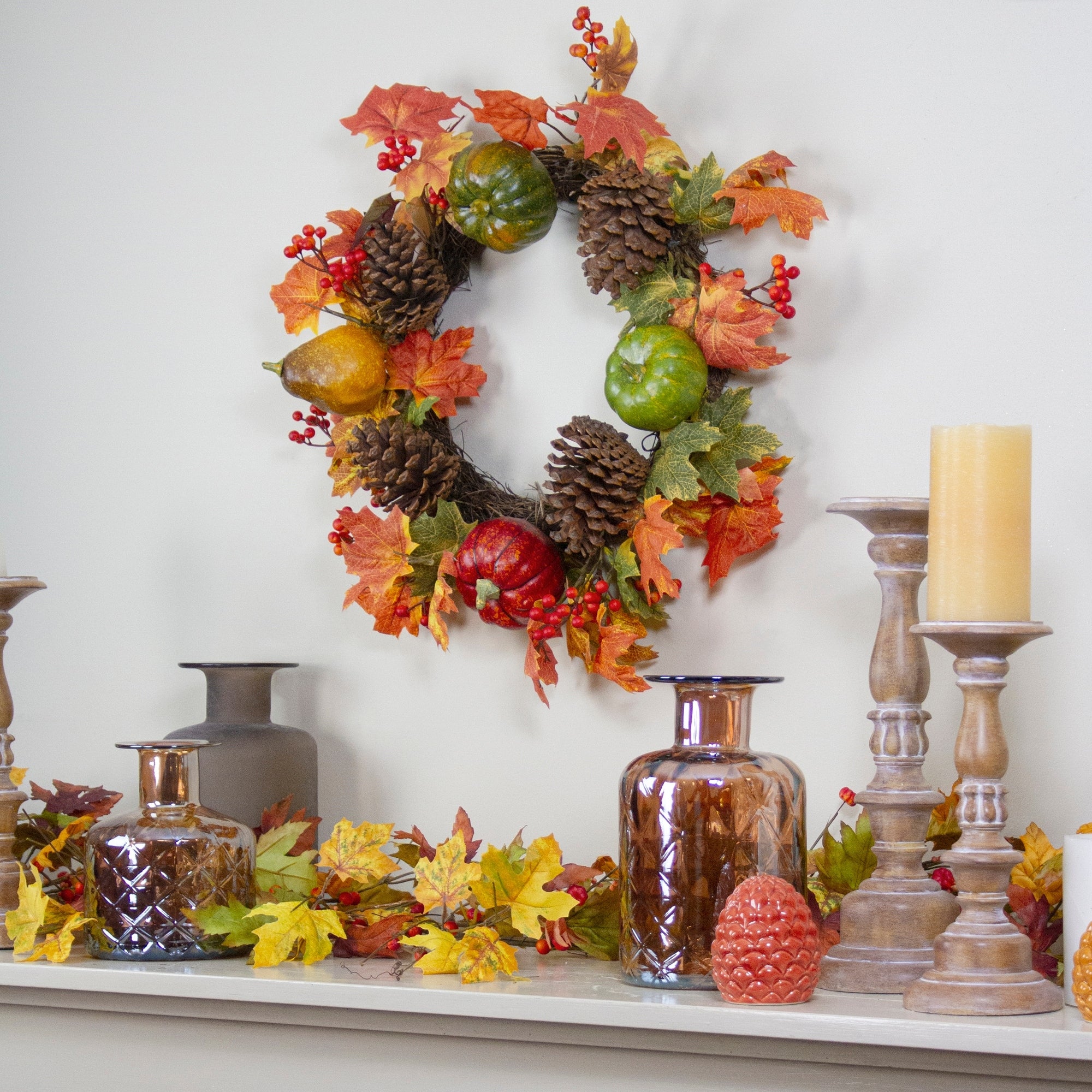 Fall Leaves Pine Cones And Pumpkins Artificial Thanksgiving Wreath 20 Inch