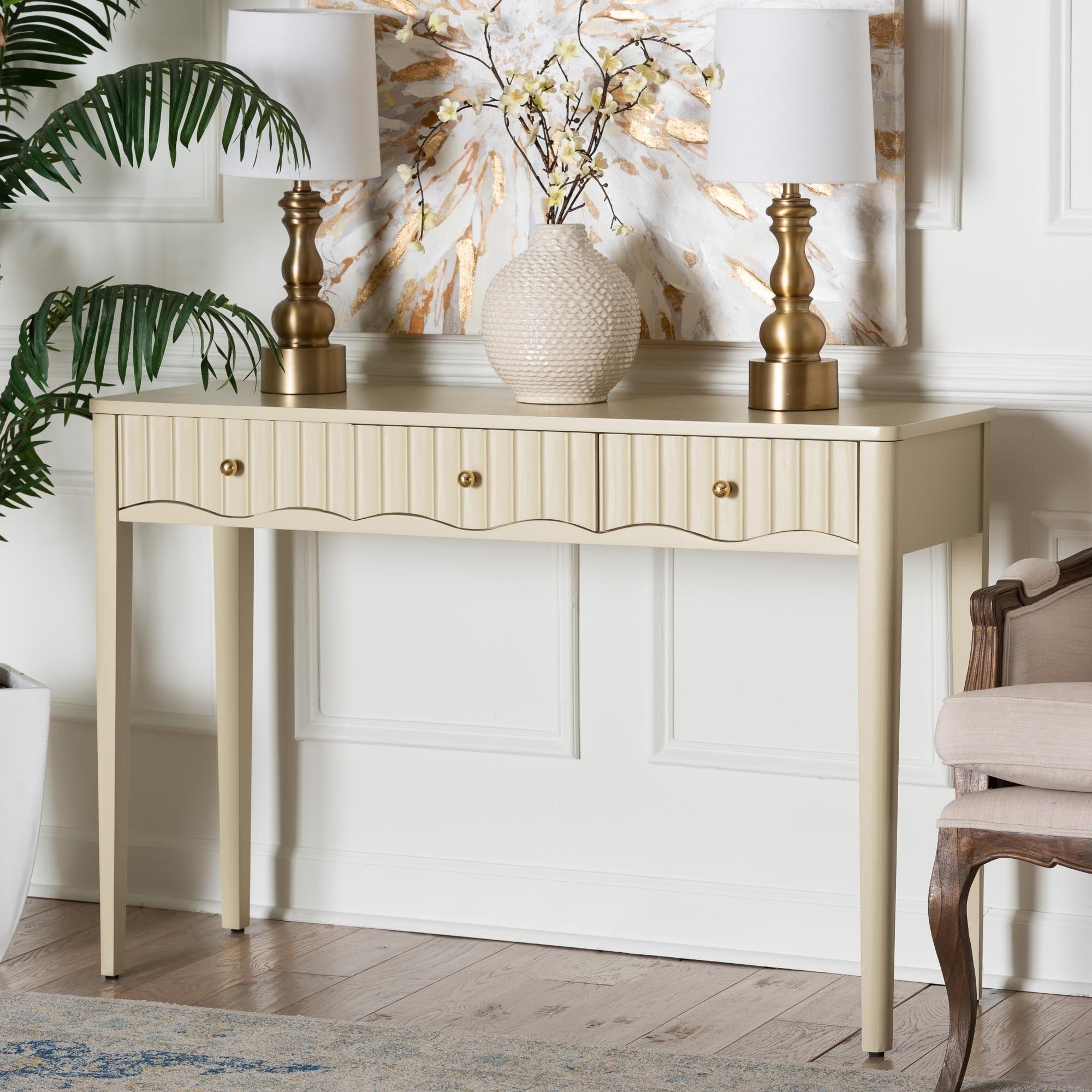 Leeba Console Table 3 Drawer Accent Table With Fluted Wood And Scalloped Framing For Living Room Hallway Or Entryway