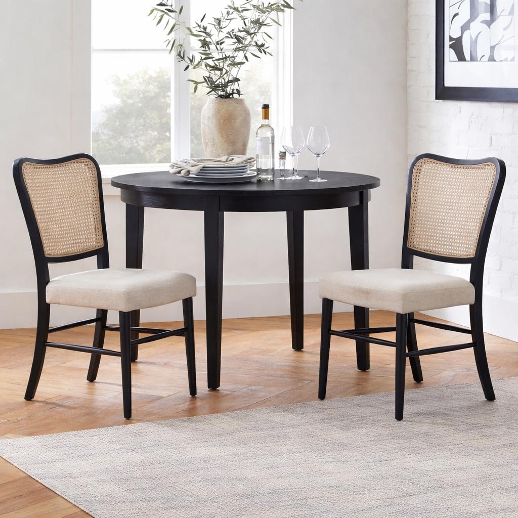 Leena Black Wood Dining Chairs Ivory Rattan Back And Upholstered Fabric Seat Set Of 2