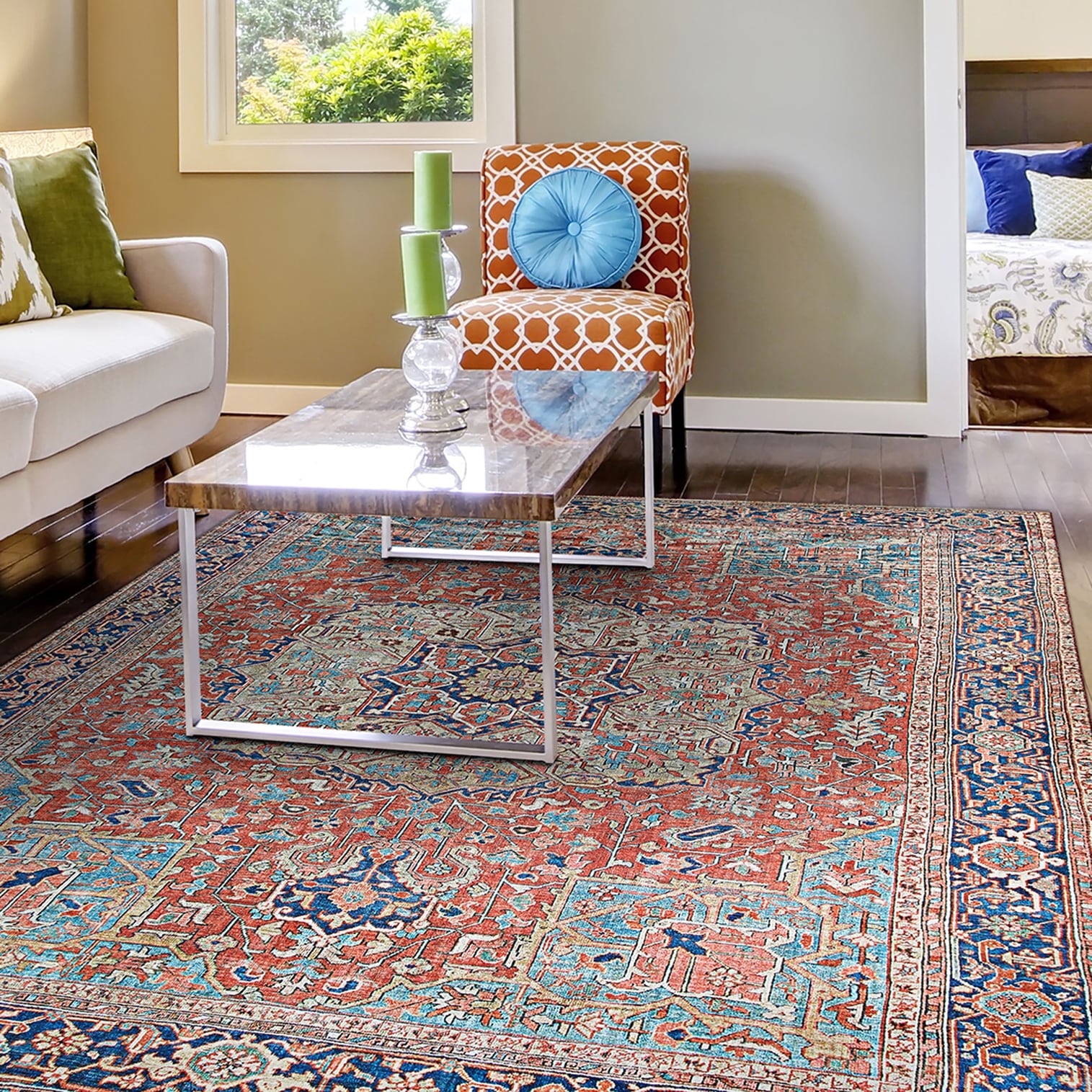 Legion Kirman Orange Blue Area Rug