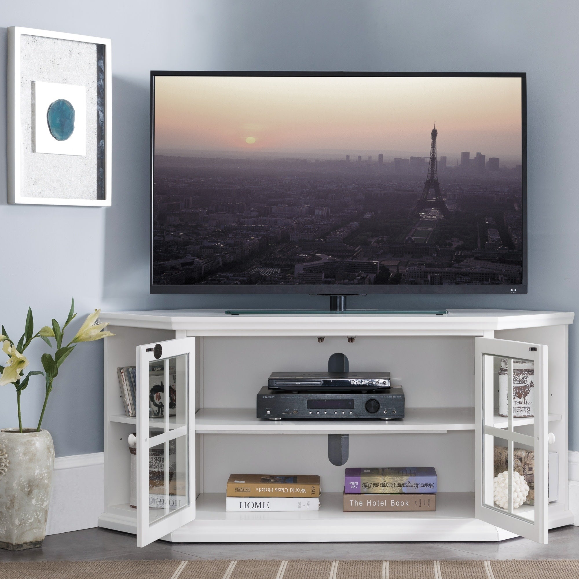 Cottage White 56 Inch Corner Tv Console With Bookcase Display