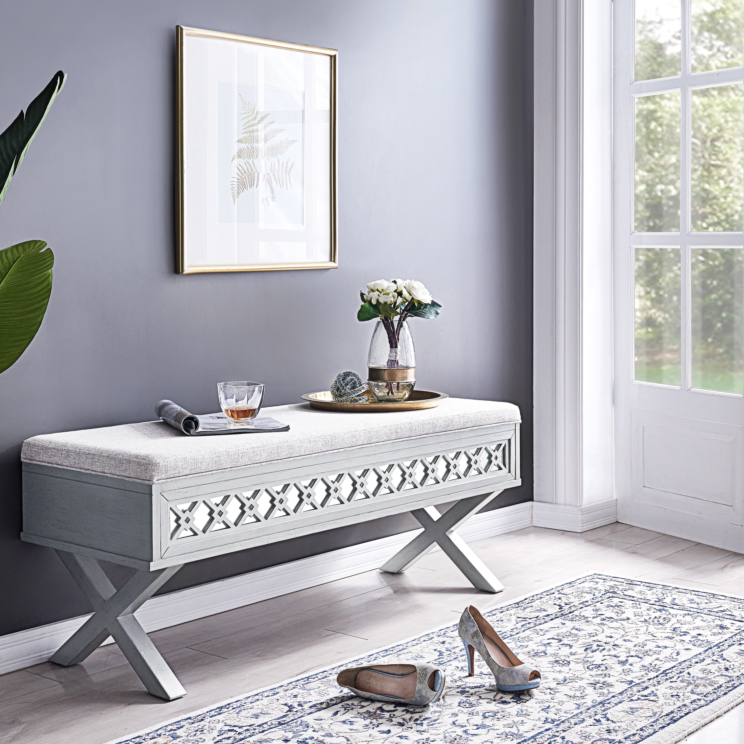 Leick Home Mirrored Diamond Filigree X Base Bench For Bedroom Or Foyer