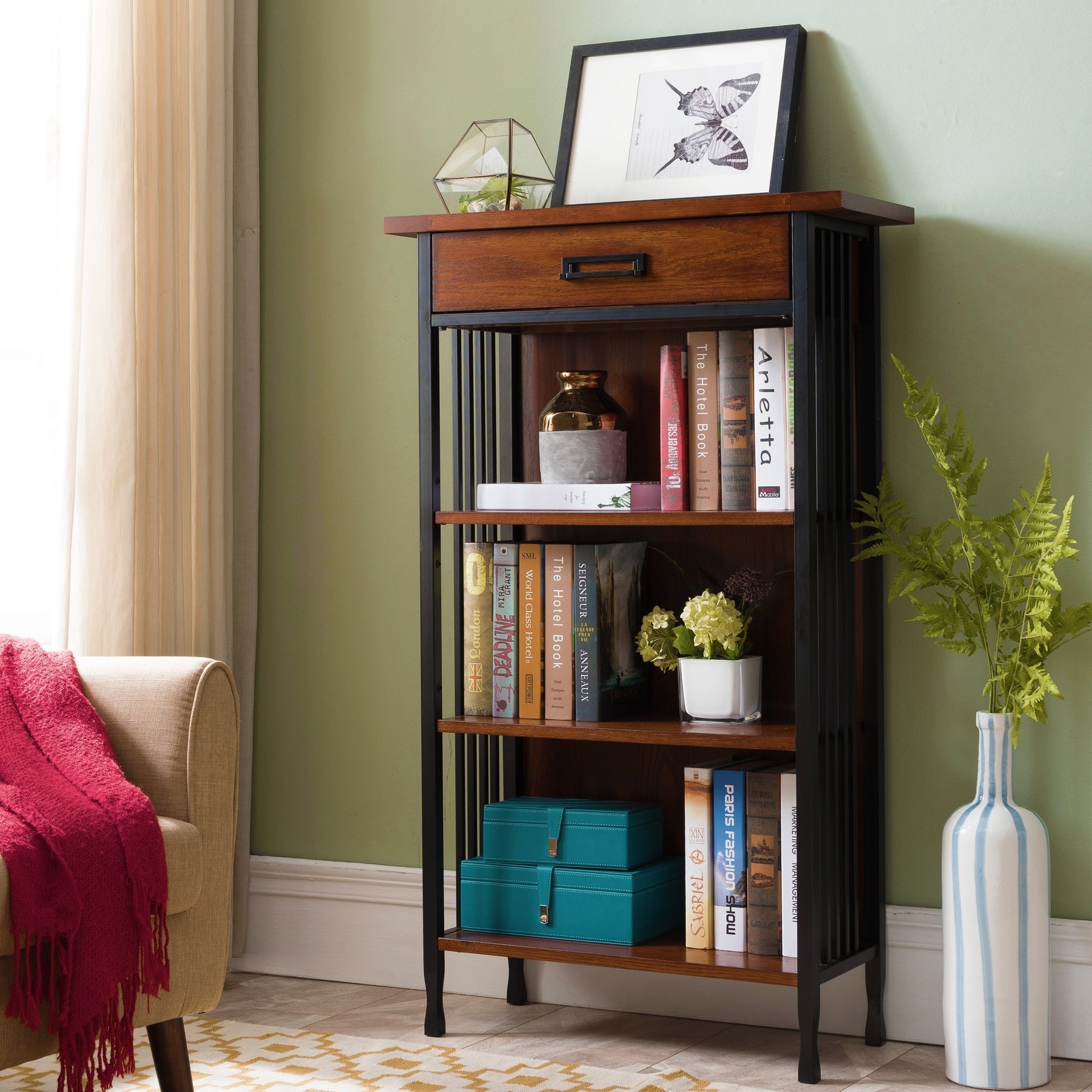 Carbon Loft Peter Mission Oak Mantel Height Bookcase W Drawer