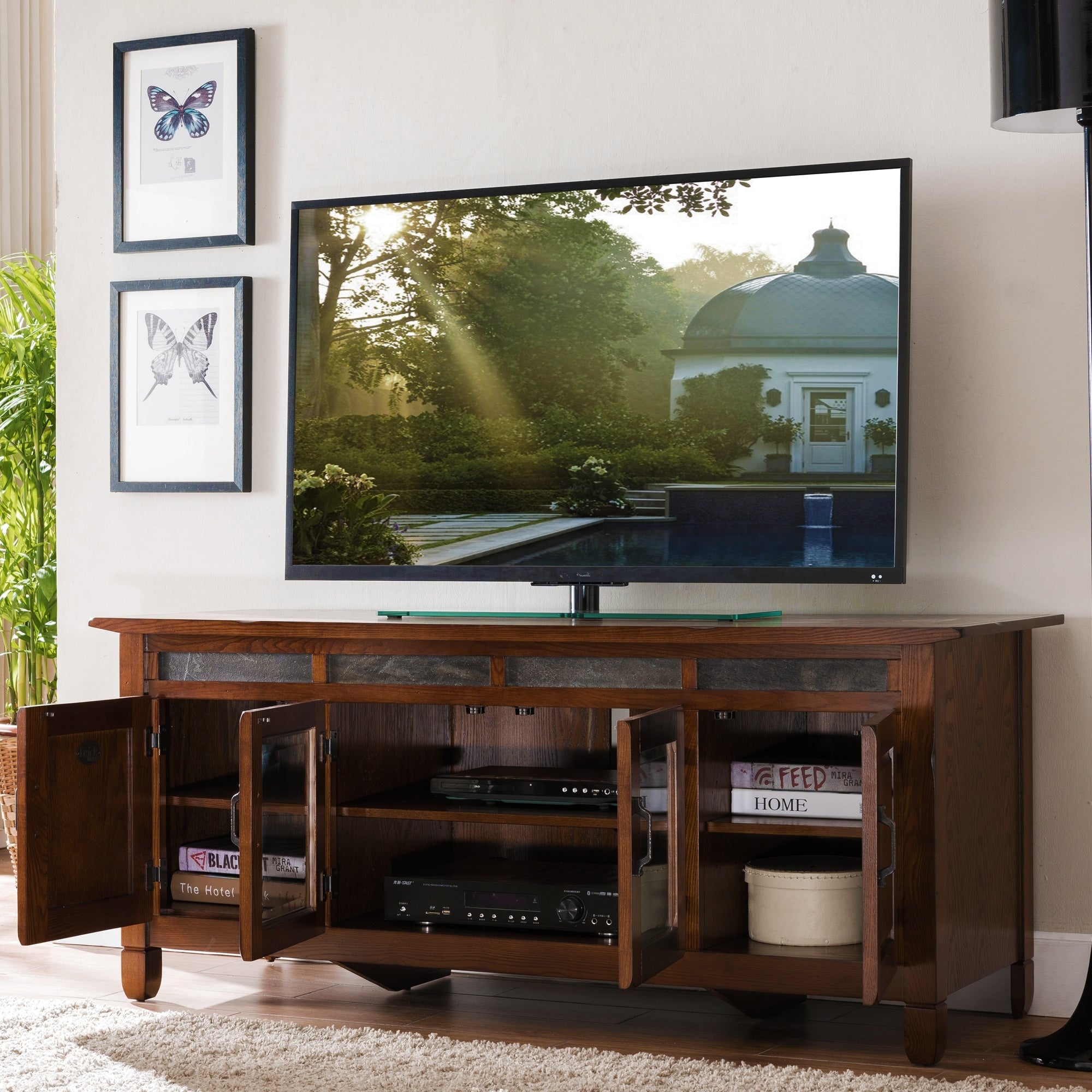 Rustic Oak Wood Slat Tile 60 Inch Tv Stand