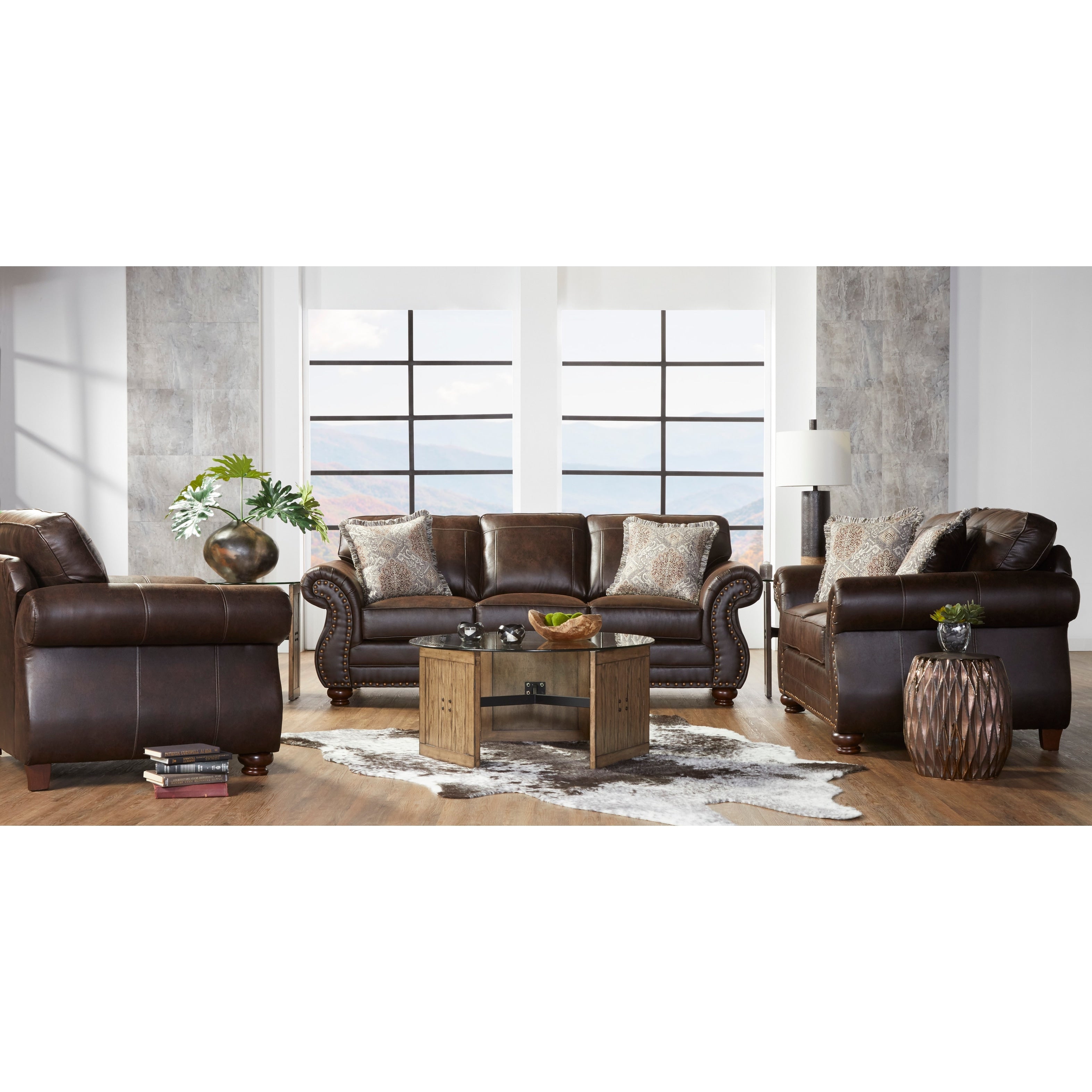 Leinster Faux Leather Upholstered Nailhead Sofa Loveseat And Chair Set In Espresso