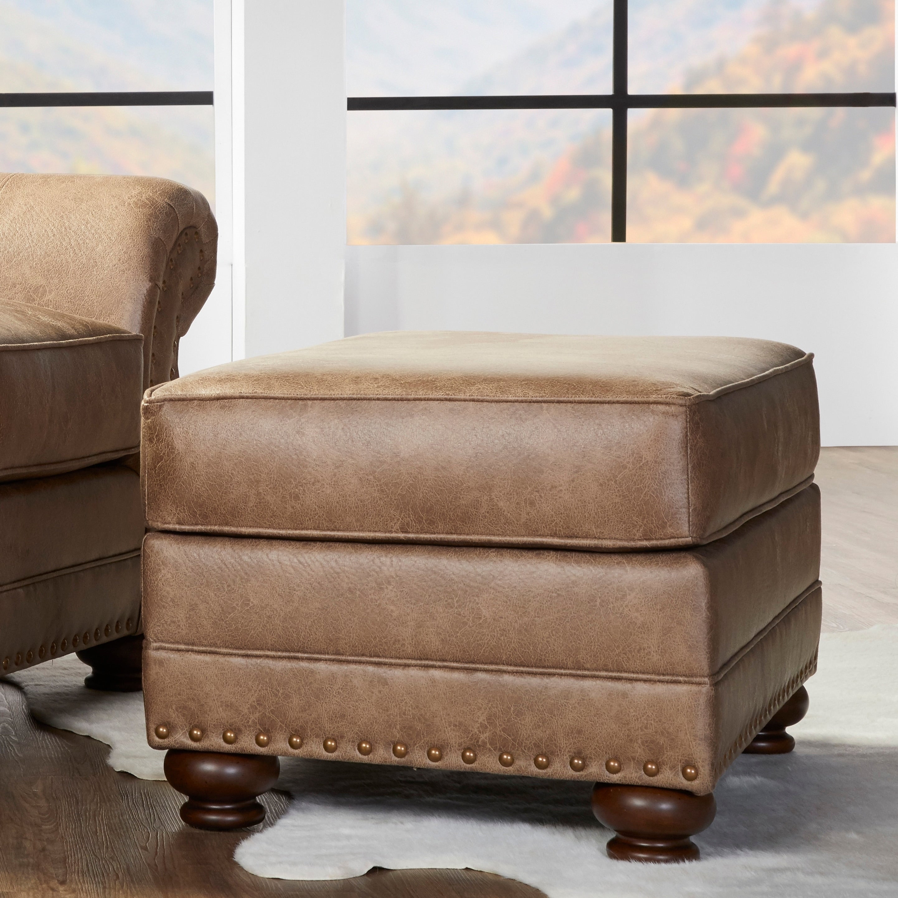 Leinster Faux Leather Ottoman With Antique Bronze Nailheads In Jetson Ginger