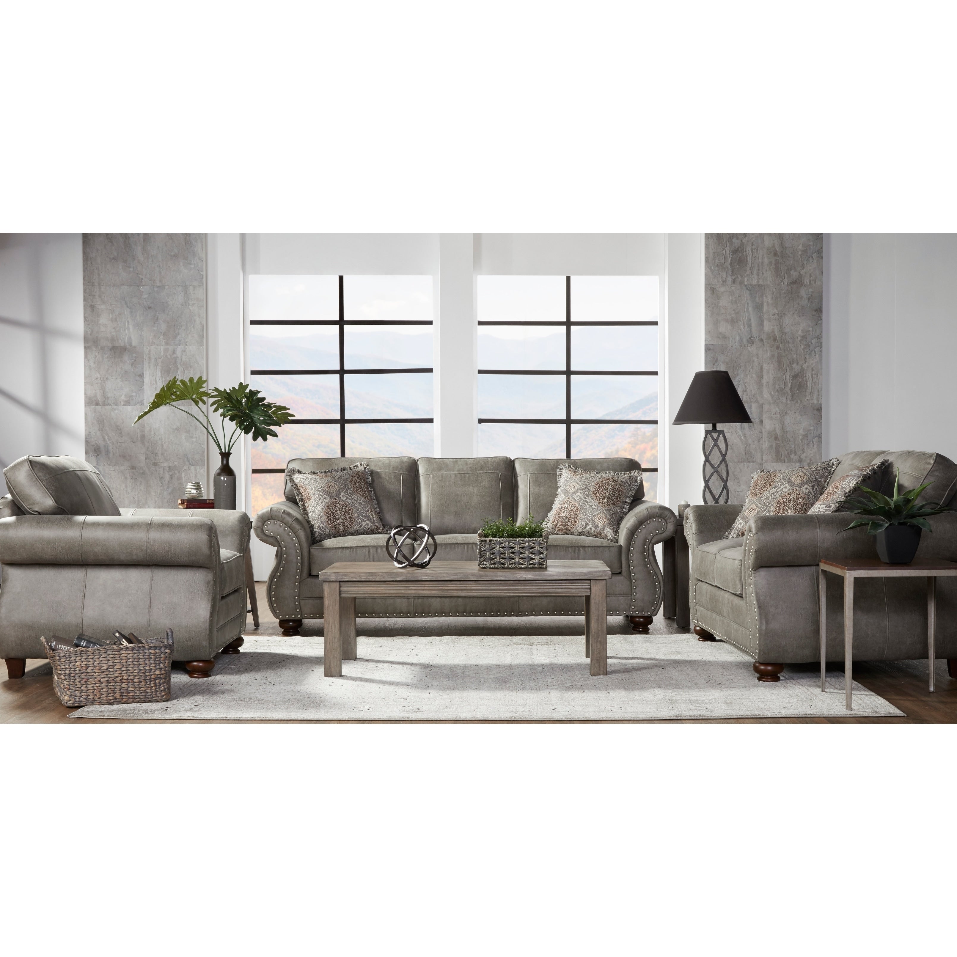Leinster Faux Leather Upholstered Nailhead Sofa Loveseat And Chair Set In Stone Gray