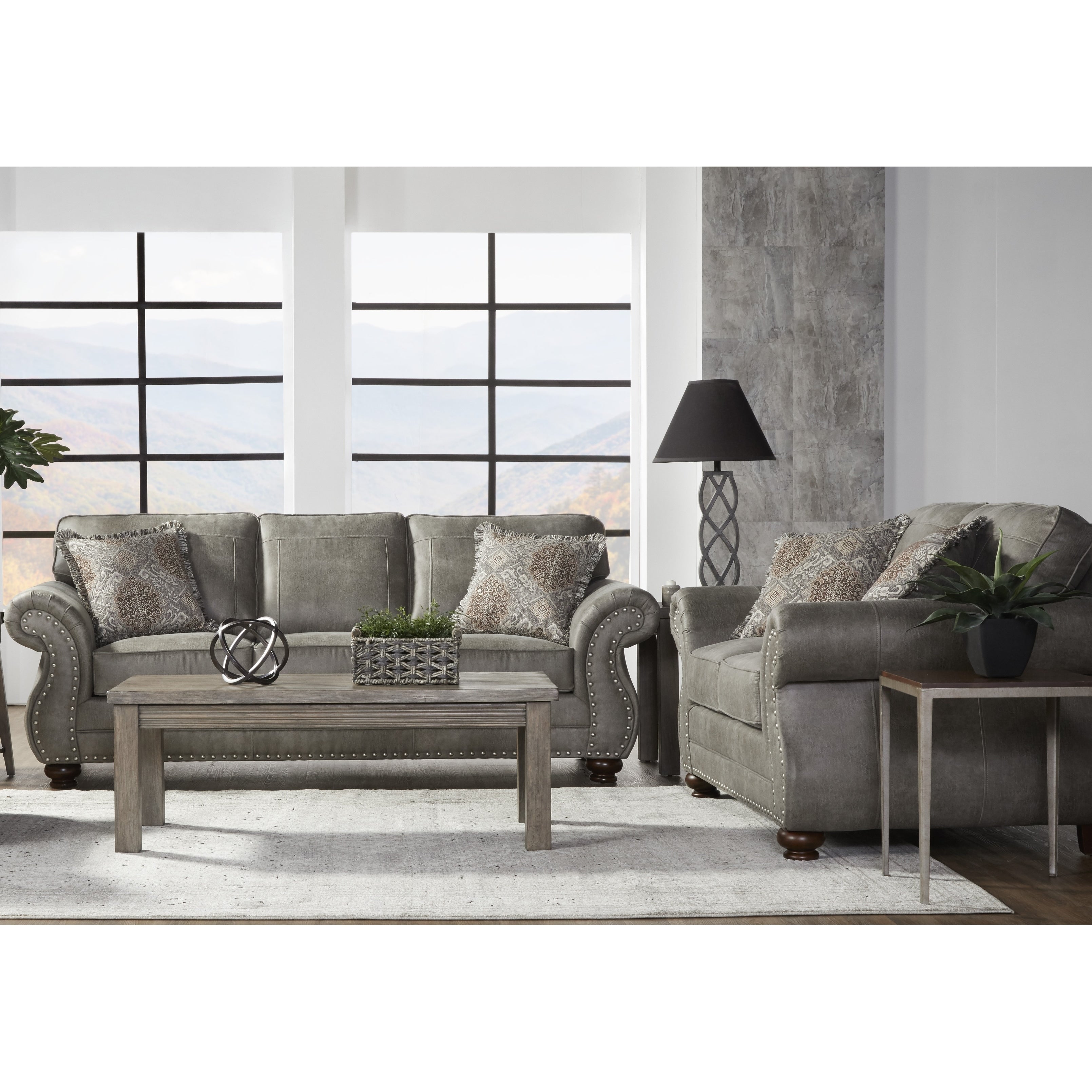 Leinster Faux Leather Upholstered Nailhead Sofa And Loveseat Set In Stone Gray