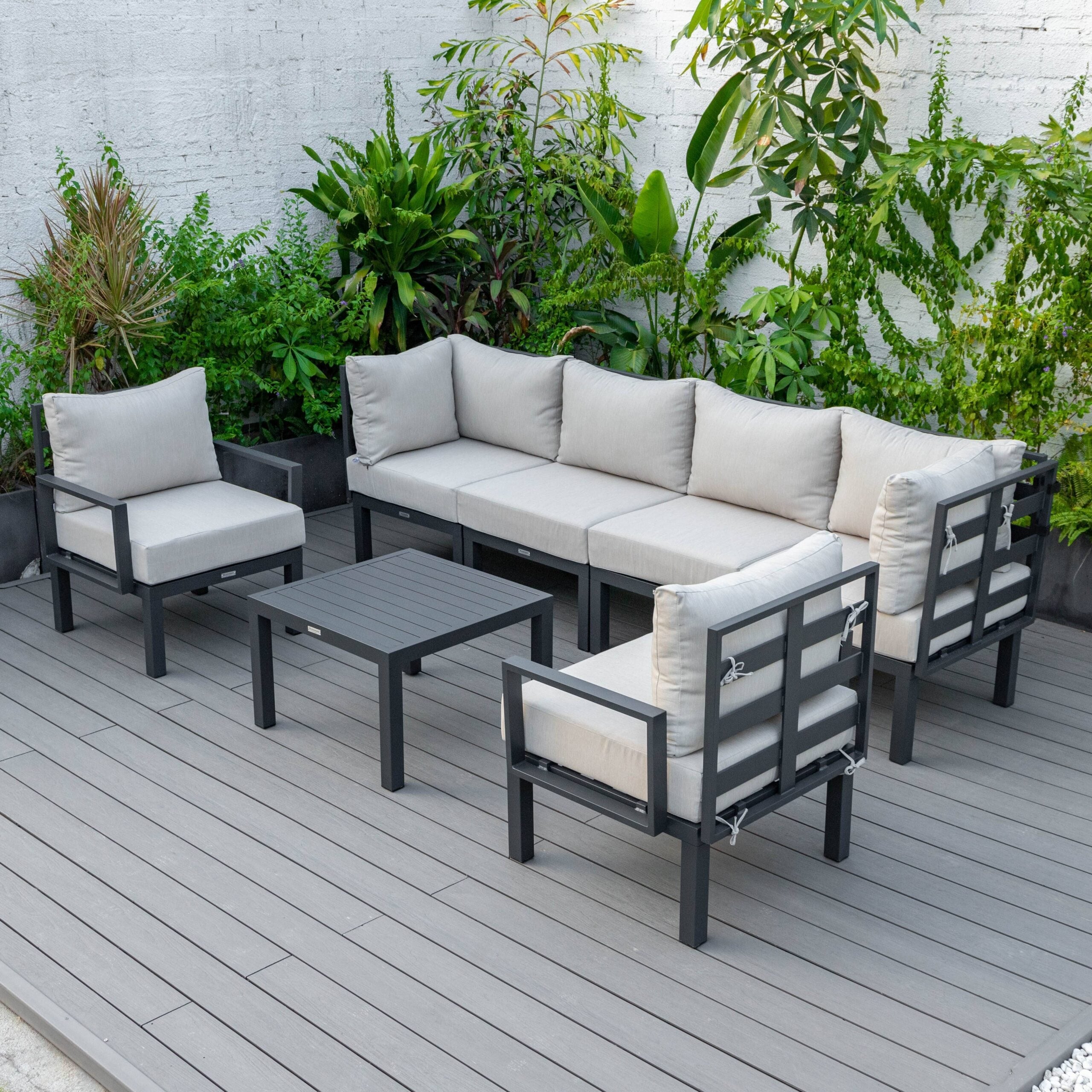 Leisuremod Chelsea 7 Piece Coversation Set Aluminum Sectional Table