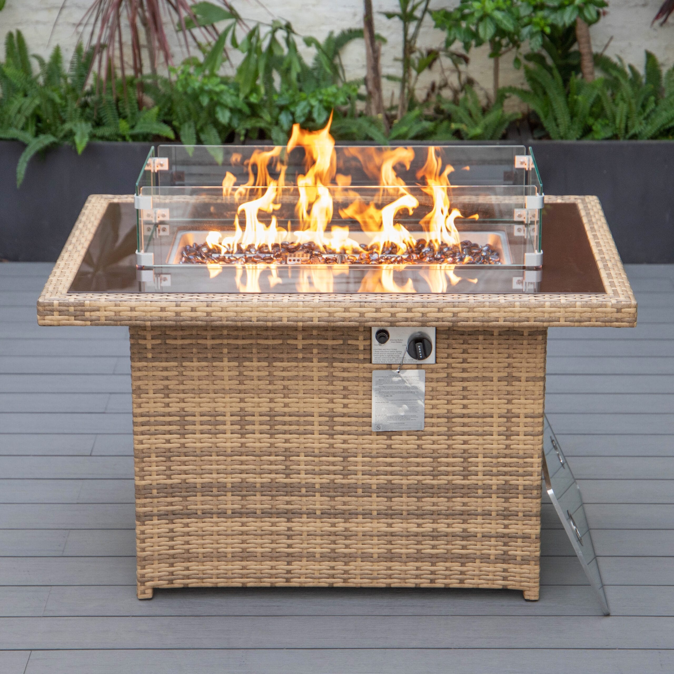 Leisuremod Mace Wicker Patio Black Propane Fire Pit Dining Table Lid 44