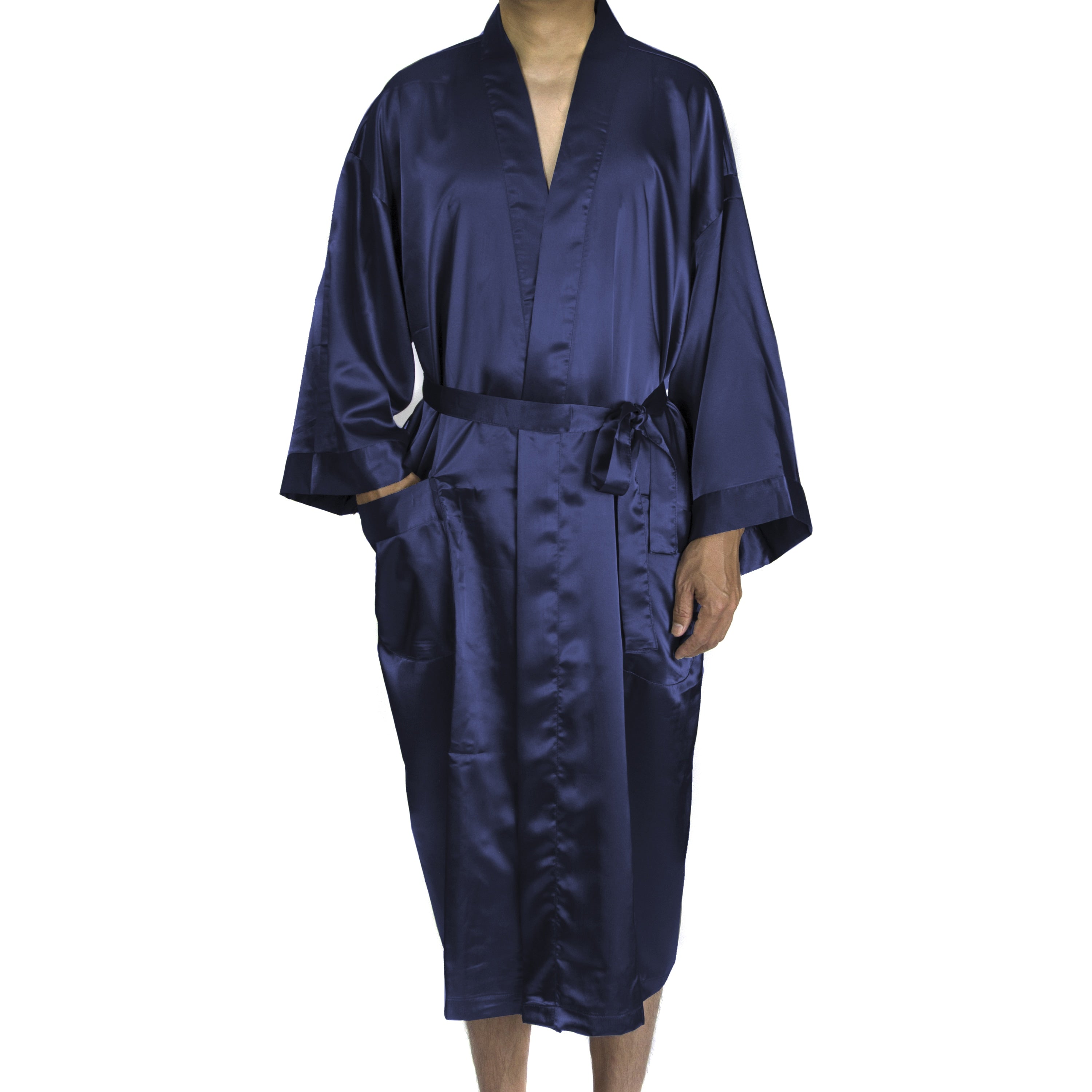 Leisureland Mens Blue Black Tan Satin Long 48 Inch Kimono Robe