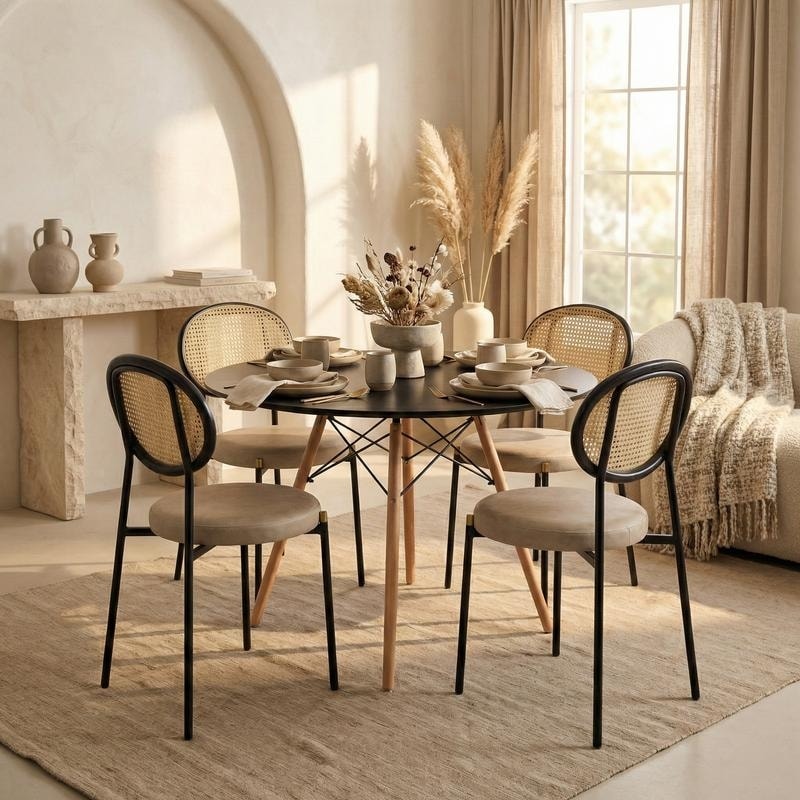 Leisuremod 5 Piece Dining Set With 1 Modern Solid Wood Top Round Dining Table And 4 Velvet Leather Upholstered Chairs
