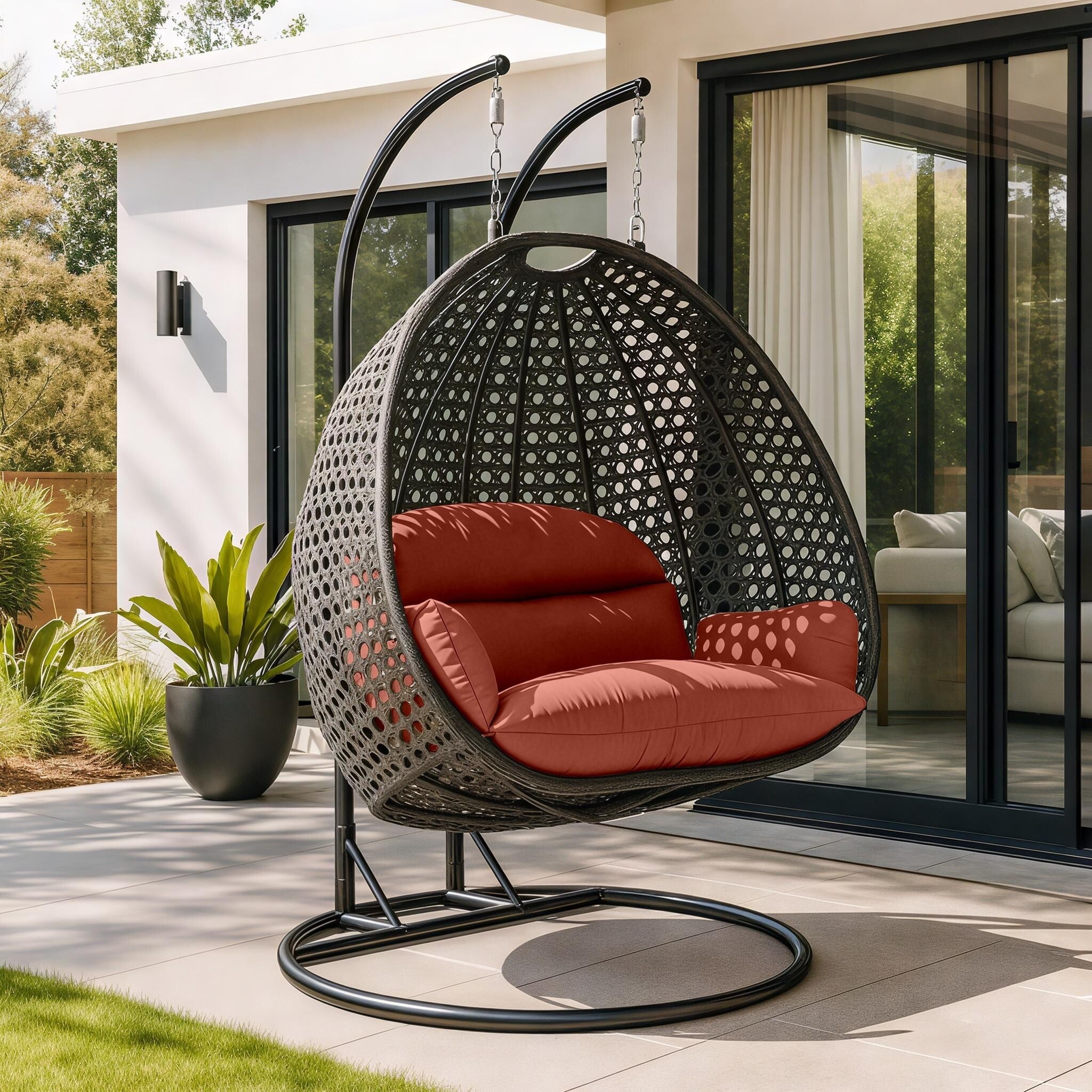 Leisuremod Charcoal Wicker 2 Person Double Hanging Egg Swing Chair