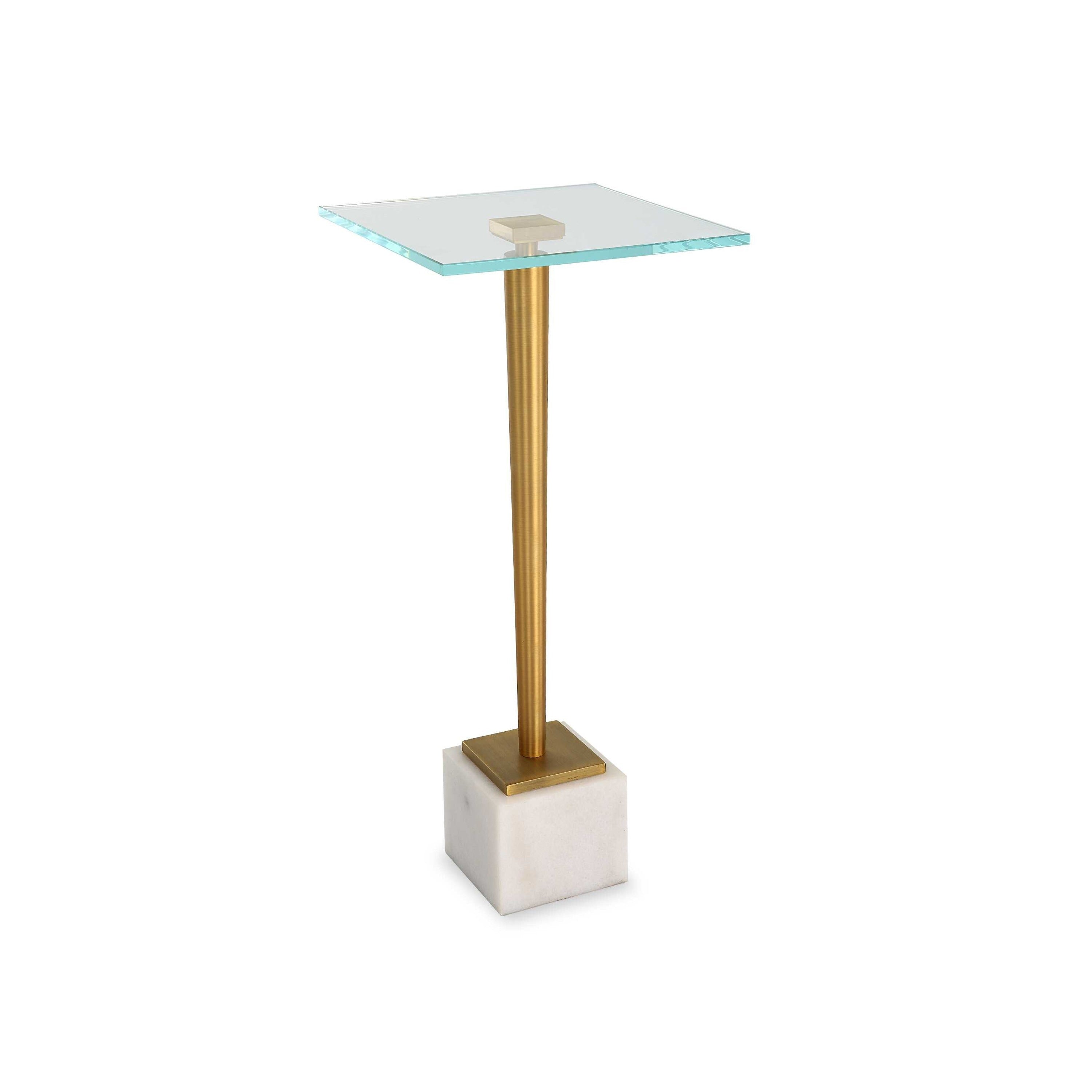 Lemy Accent Table 11 Inch Square Glass Top White Marble Retro Brass