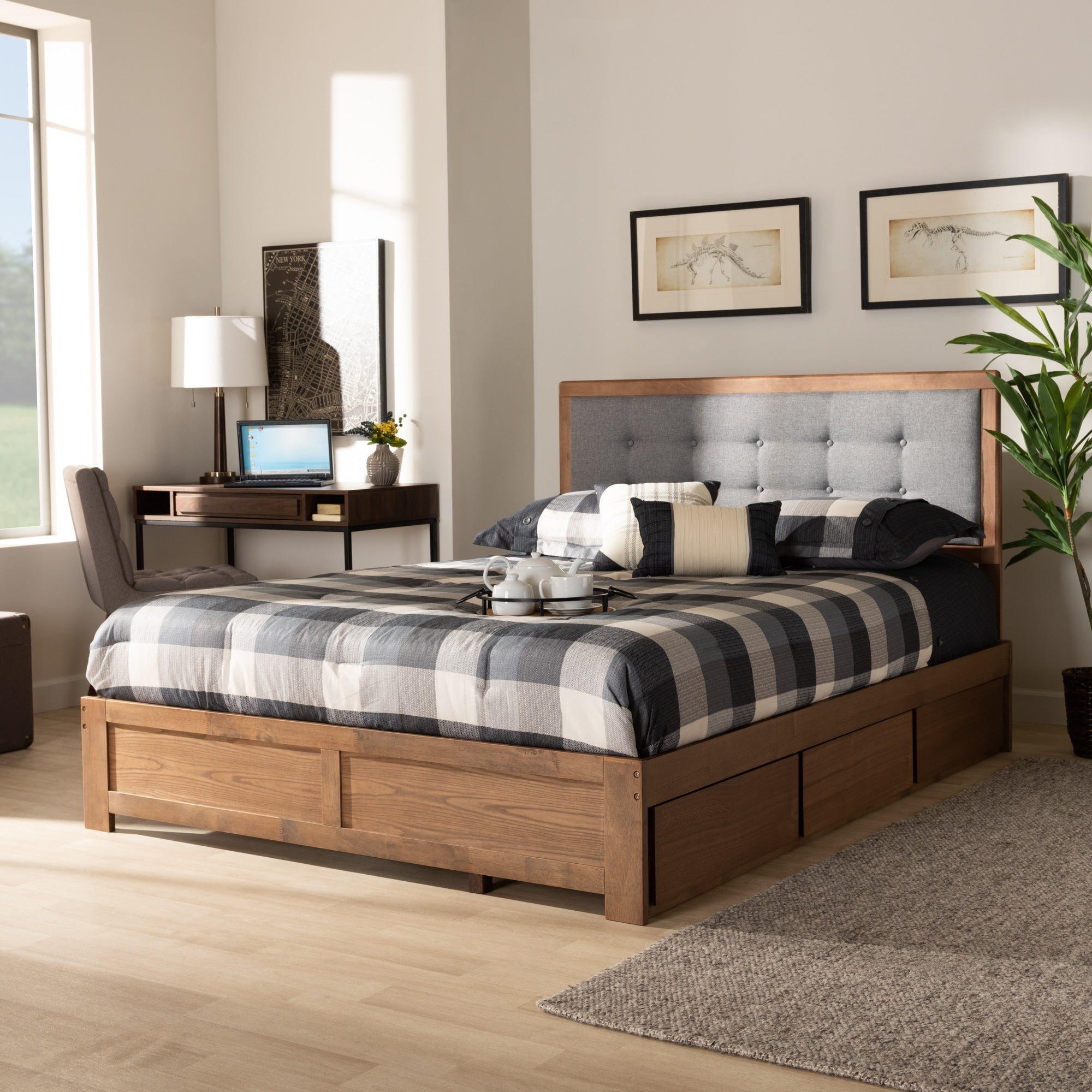 Lene Grey Fabric And Ash Brown Wood Full Size 3 Drawer Storage Bed