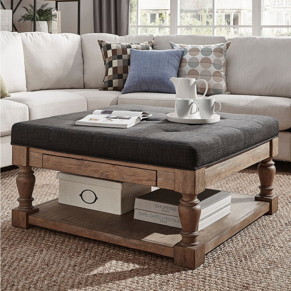 Lennon Baluster Pine Storage Tufted Cocktail Ottoman By Inspire Q Artisan