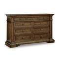 Lesa Wide Dresser 9 Drawers With Antique Brass Oval Knobs Brown