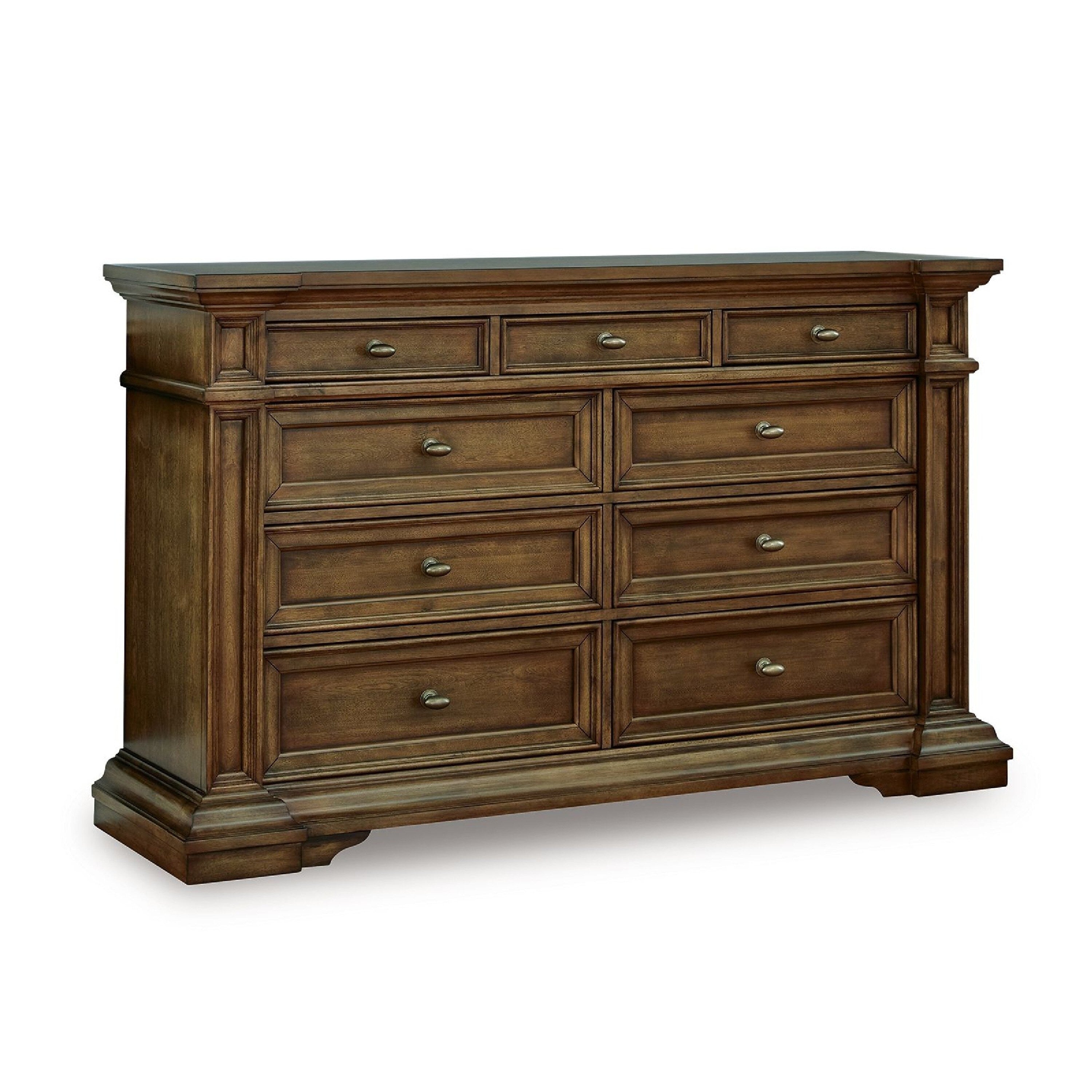 Lesa Wide Dresser 9 Drawers With Antique Brass Oval Knobs Brown