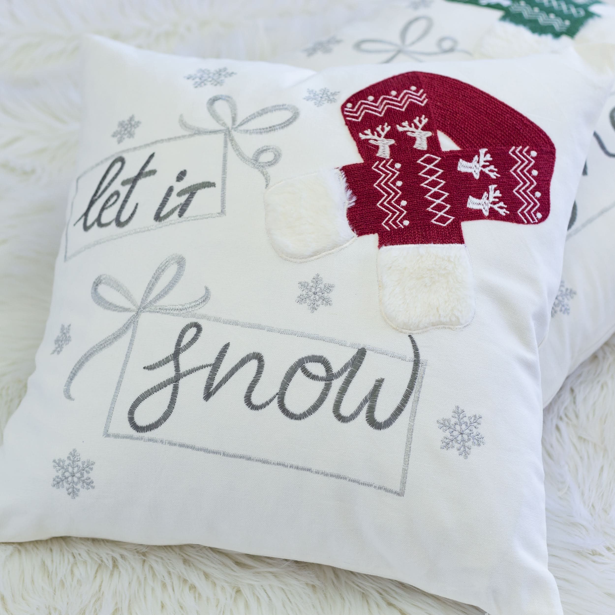 Let It Snow Christmas Throw Pillow 20X20 Square Cotton Cushion With Nit Hat Design And Insert Set Of 2
