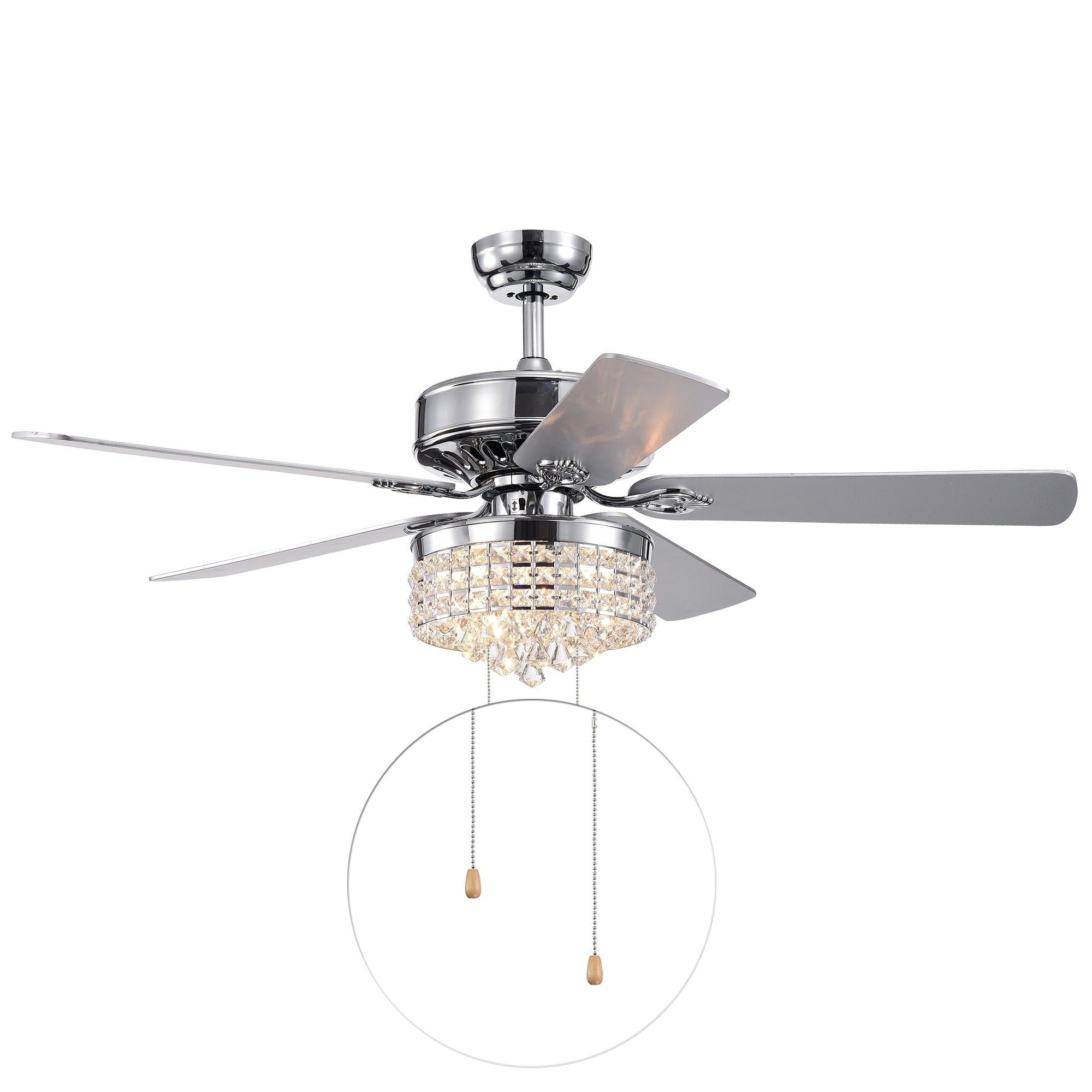 Letta 52 Inch 5 Blade Chrome Lighted Ceiling Fans With Crystal Shade Remote Controlled