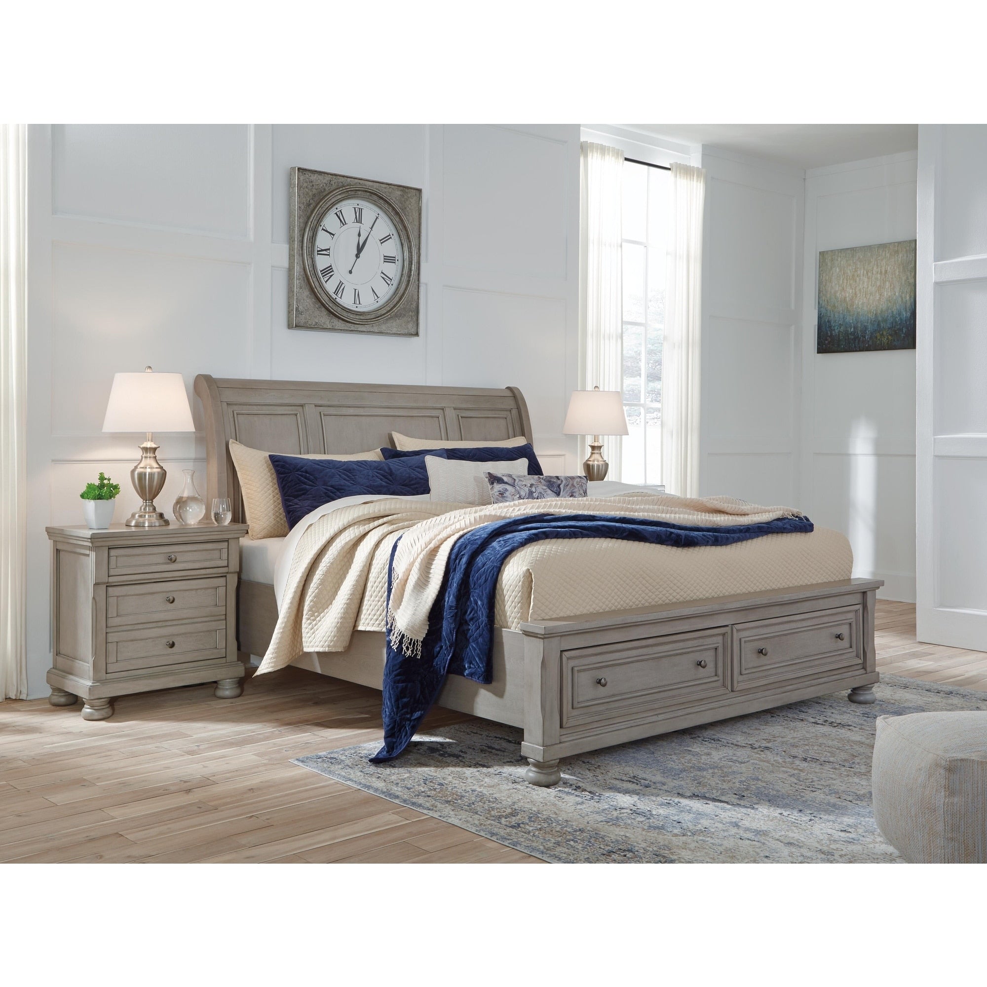 Lettner Light Grey Sleigh Bed With Storage