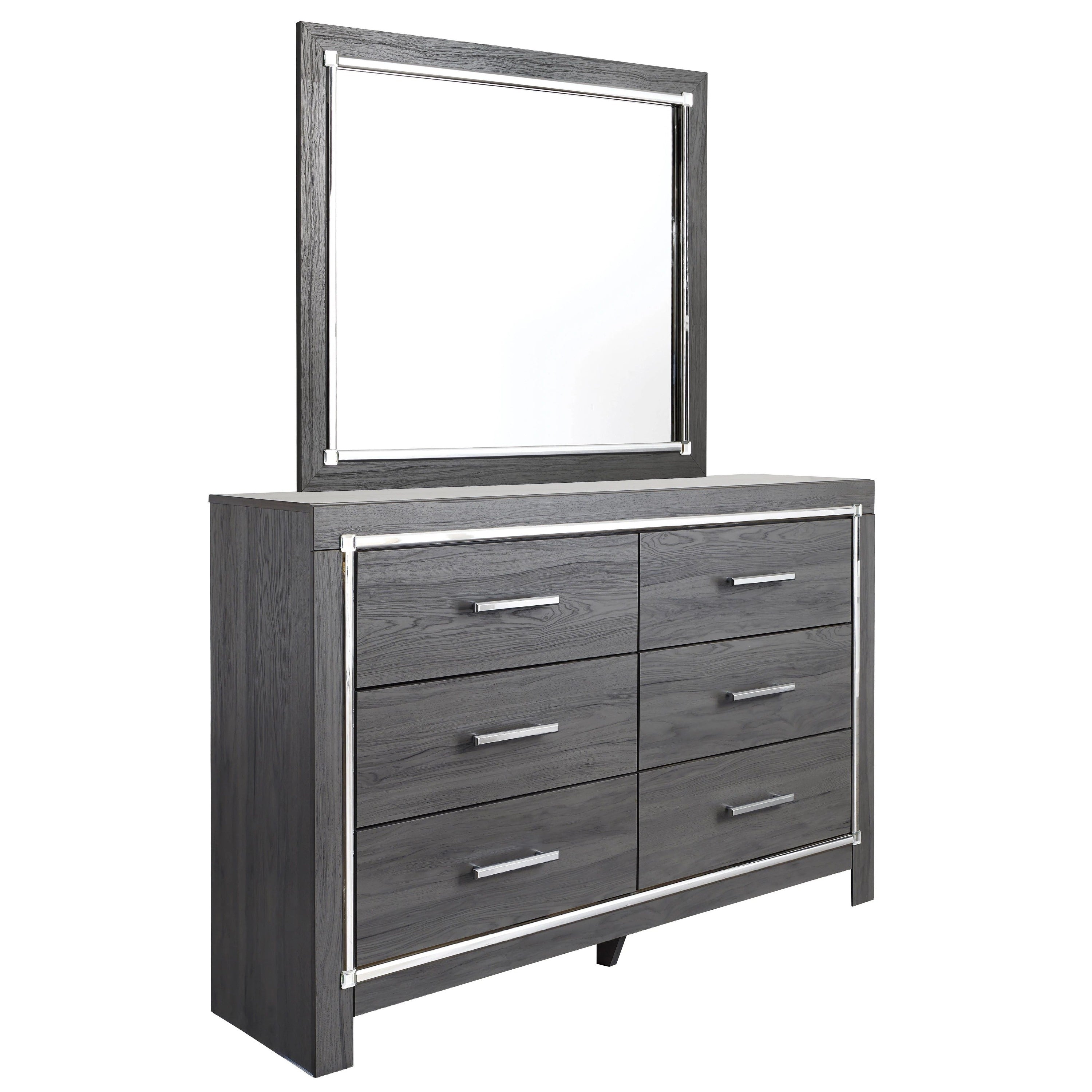 Leva 2Pc Dresser And Mirror Set 6 Drawers W Chrome Handles Dark Gray