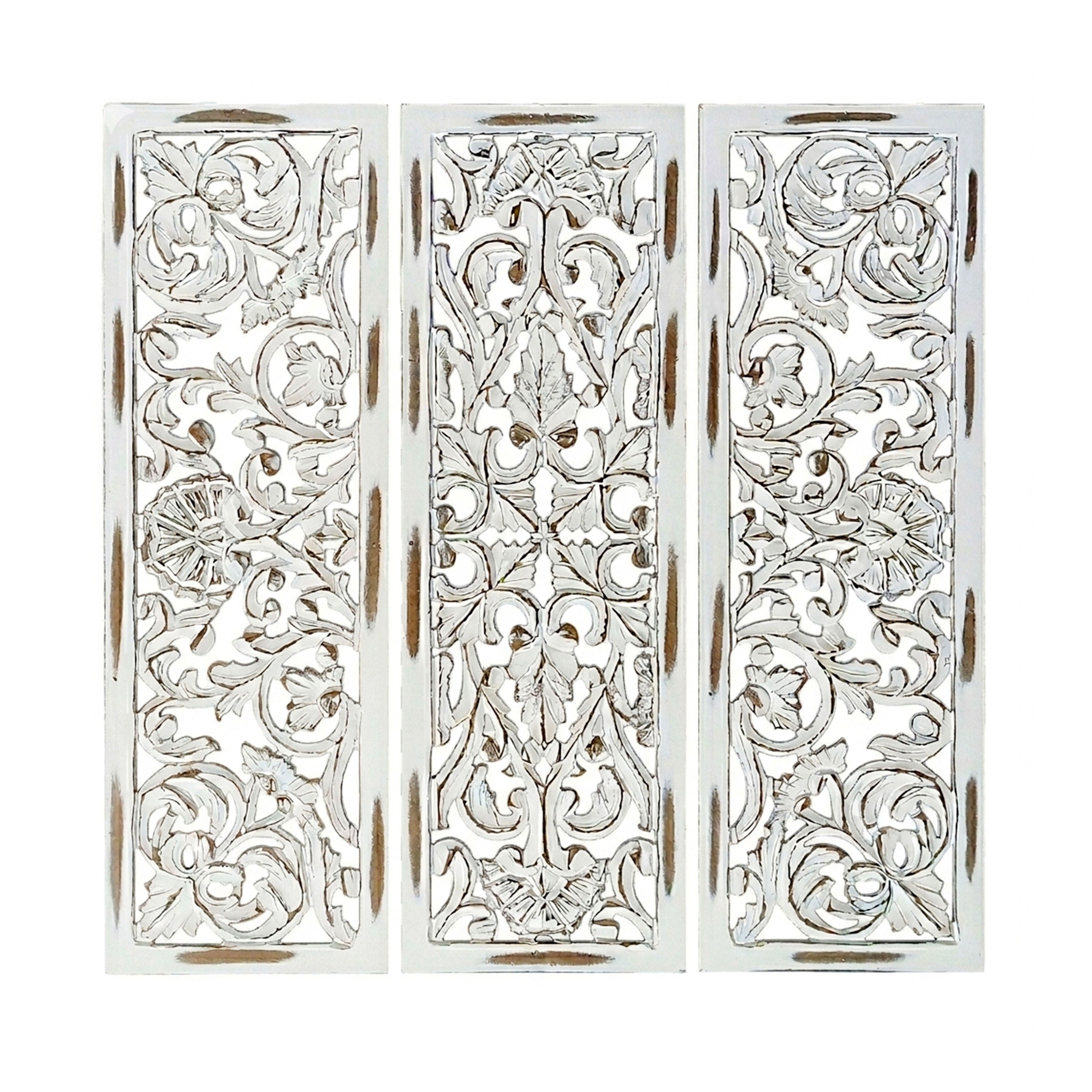 Leva 3Pc Wood Wall Decor Set Moroccan Floral Carving Antique White Finish 36 Inch Square