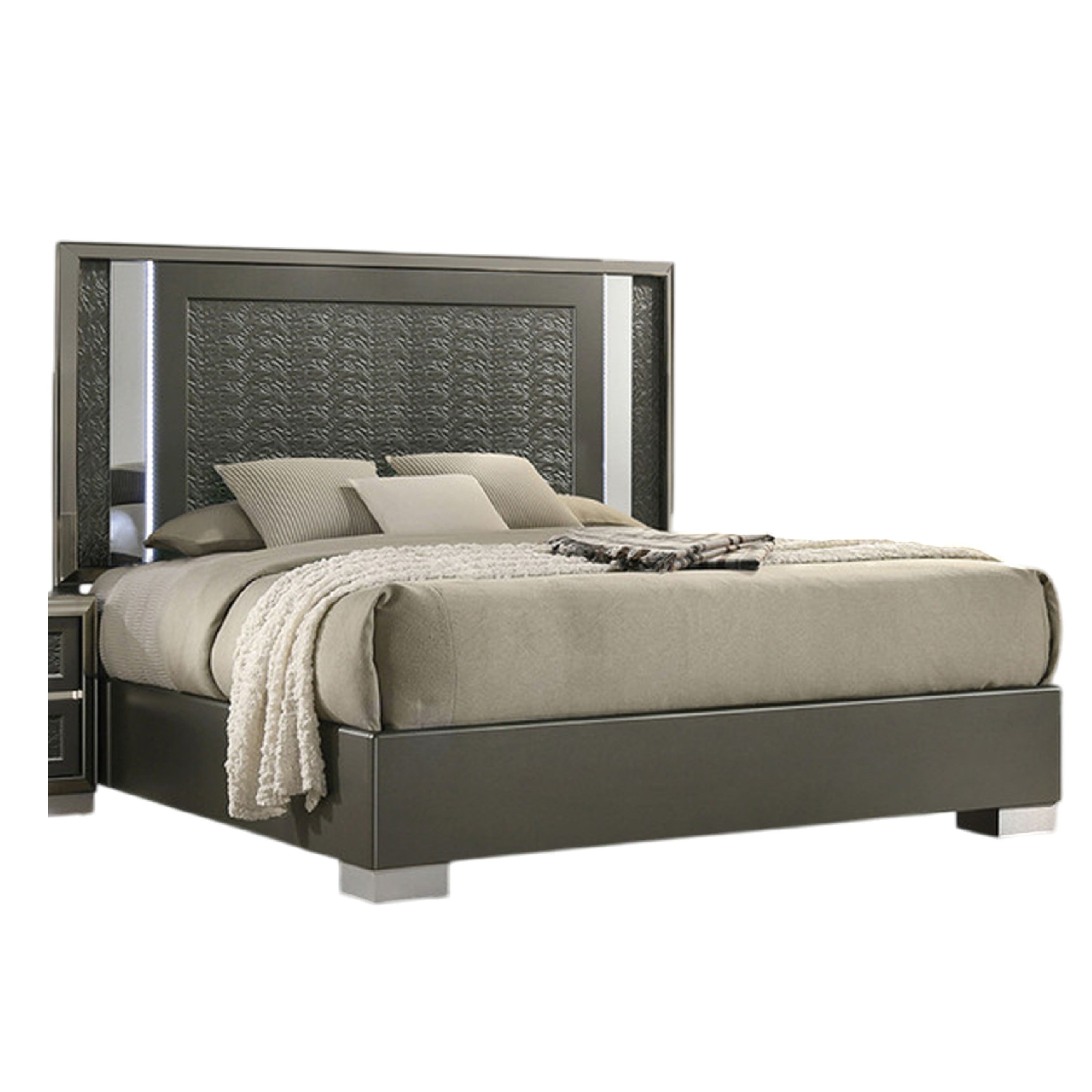 Levi Queen Bed Dark Gray Solid Teak And Rubberwood Modern Led Lighting