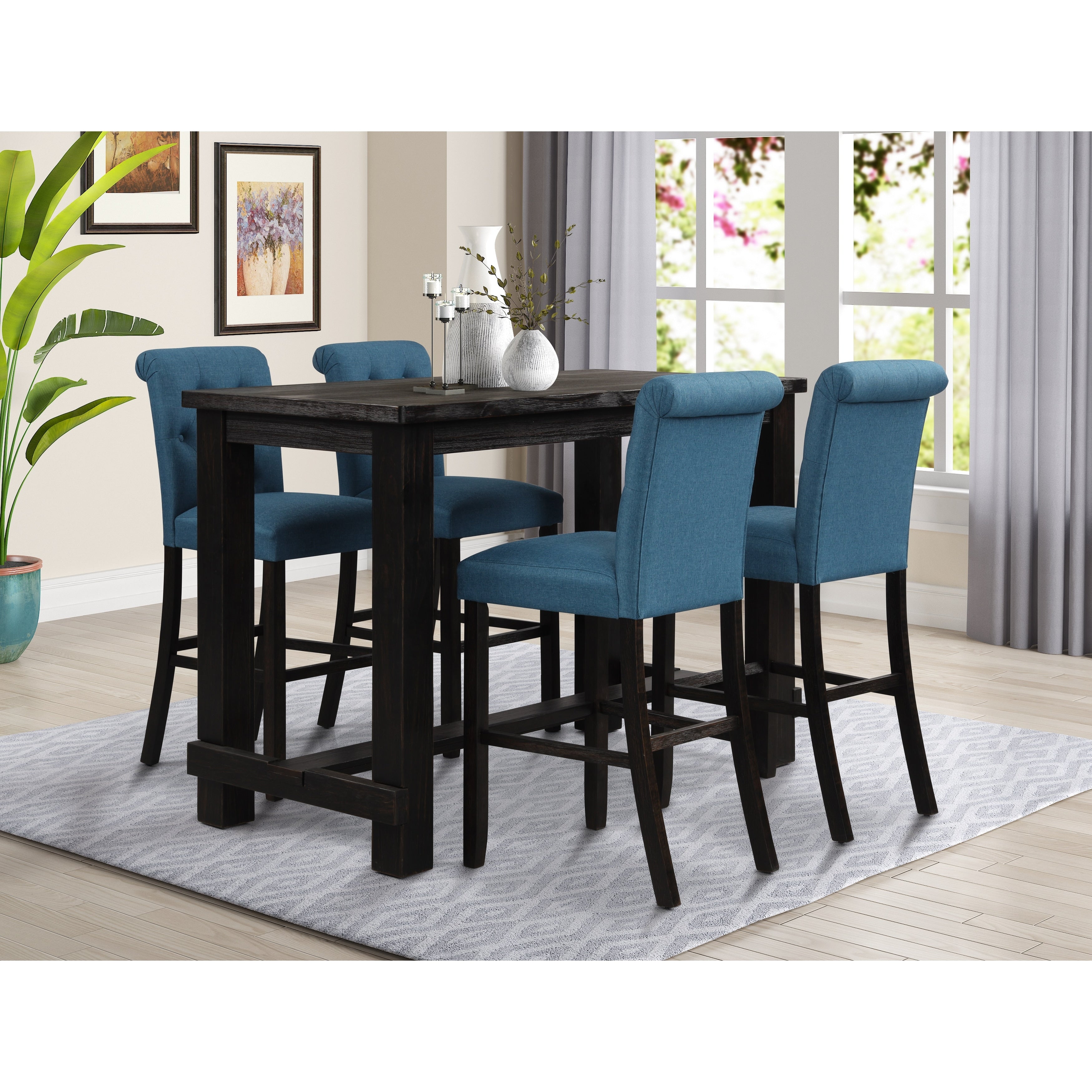 Leviton Antique Black Finished Wood 5 Piece Pub Set Table With 4 Upholstered Barstools