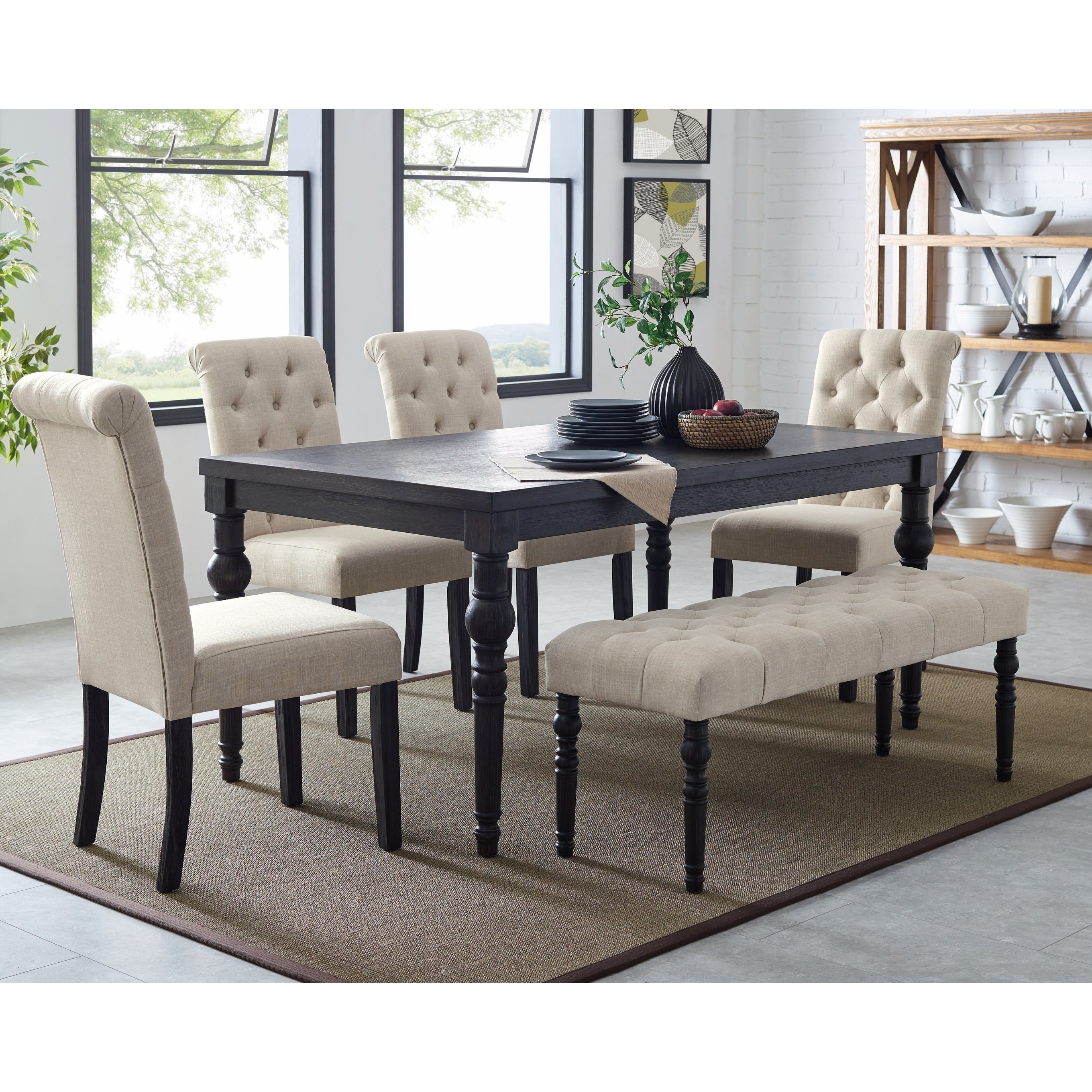 Leviton Urban Style Dark Wash Wood Dining Set Table 4 Chairs And Bench Tan