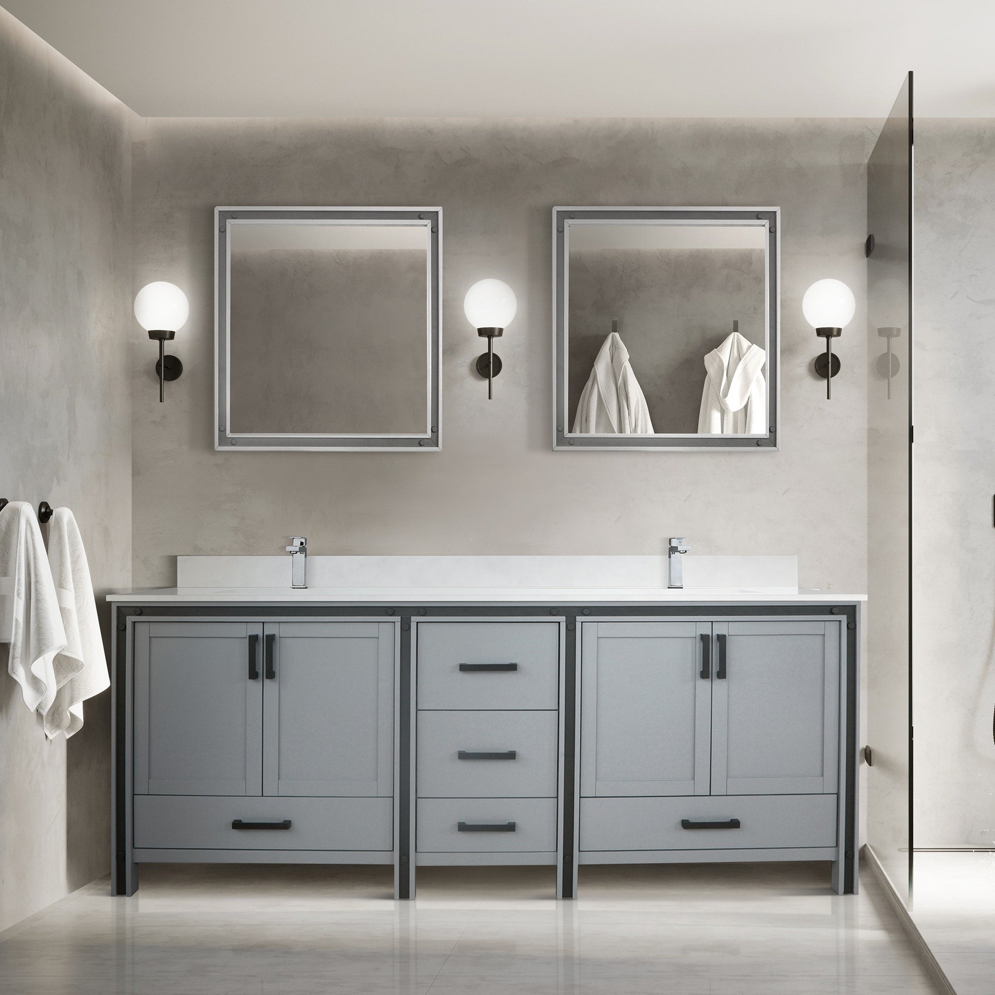 Ziva 84 Double Vanity Cultured Marble Top White Square Sink And 34 Mirrors