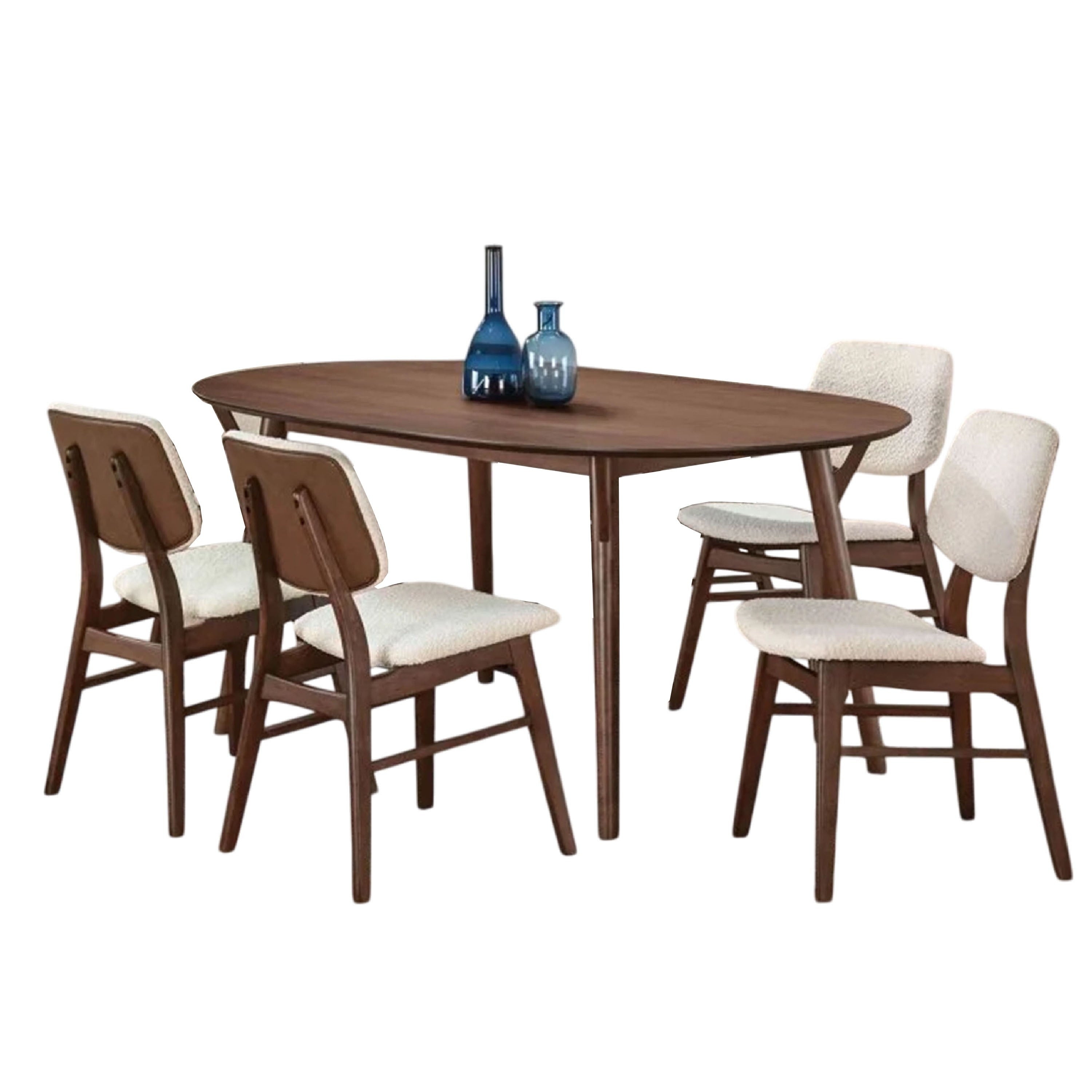 Lexy 5Pc Dining Table And 4 Chair Set Beige Boucle Seats Walnut Brown