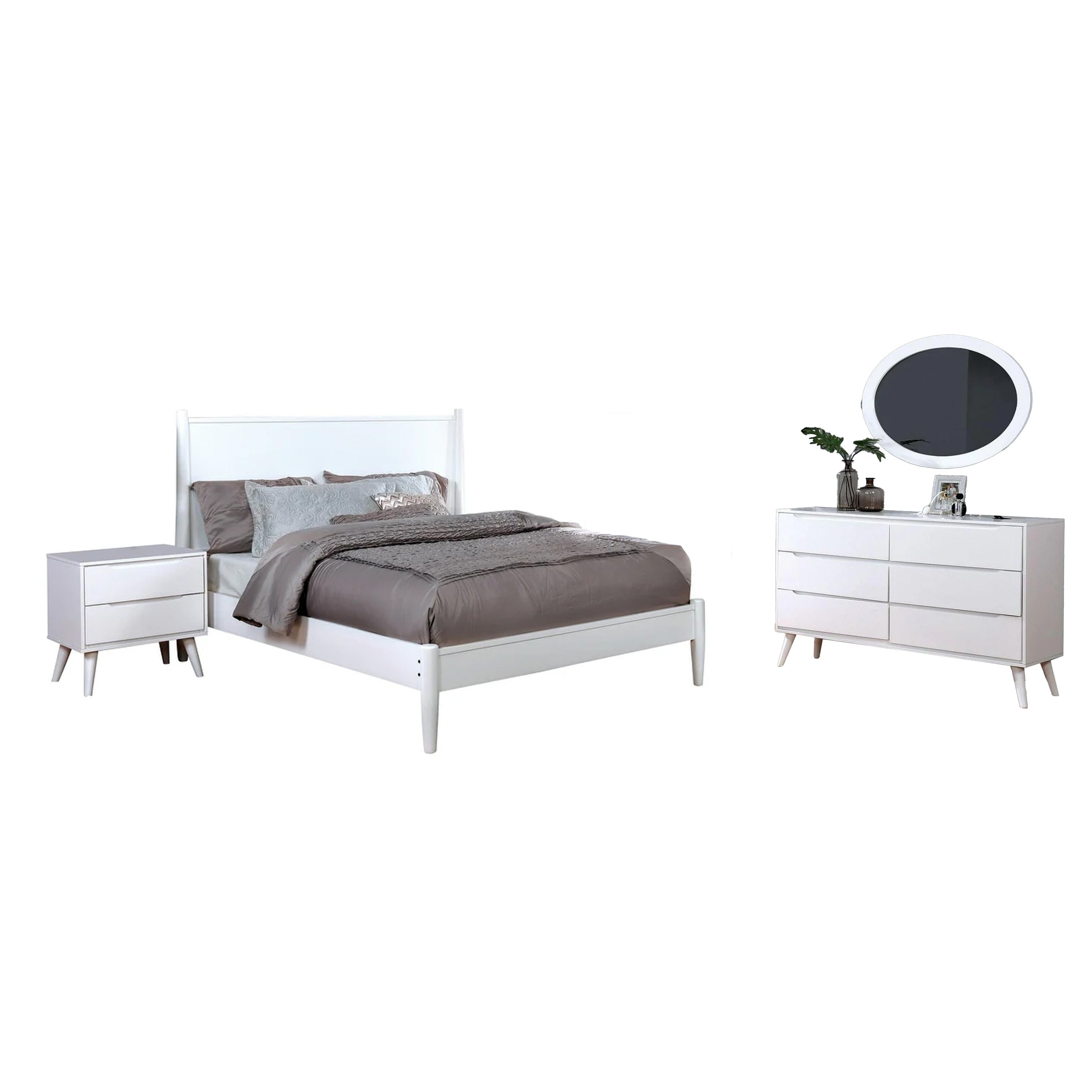 Leyla 4Pc Full Bedroom Set Dresser With Oval Mirror White Wood