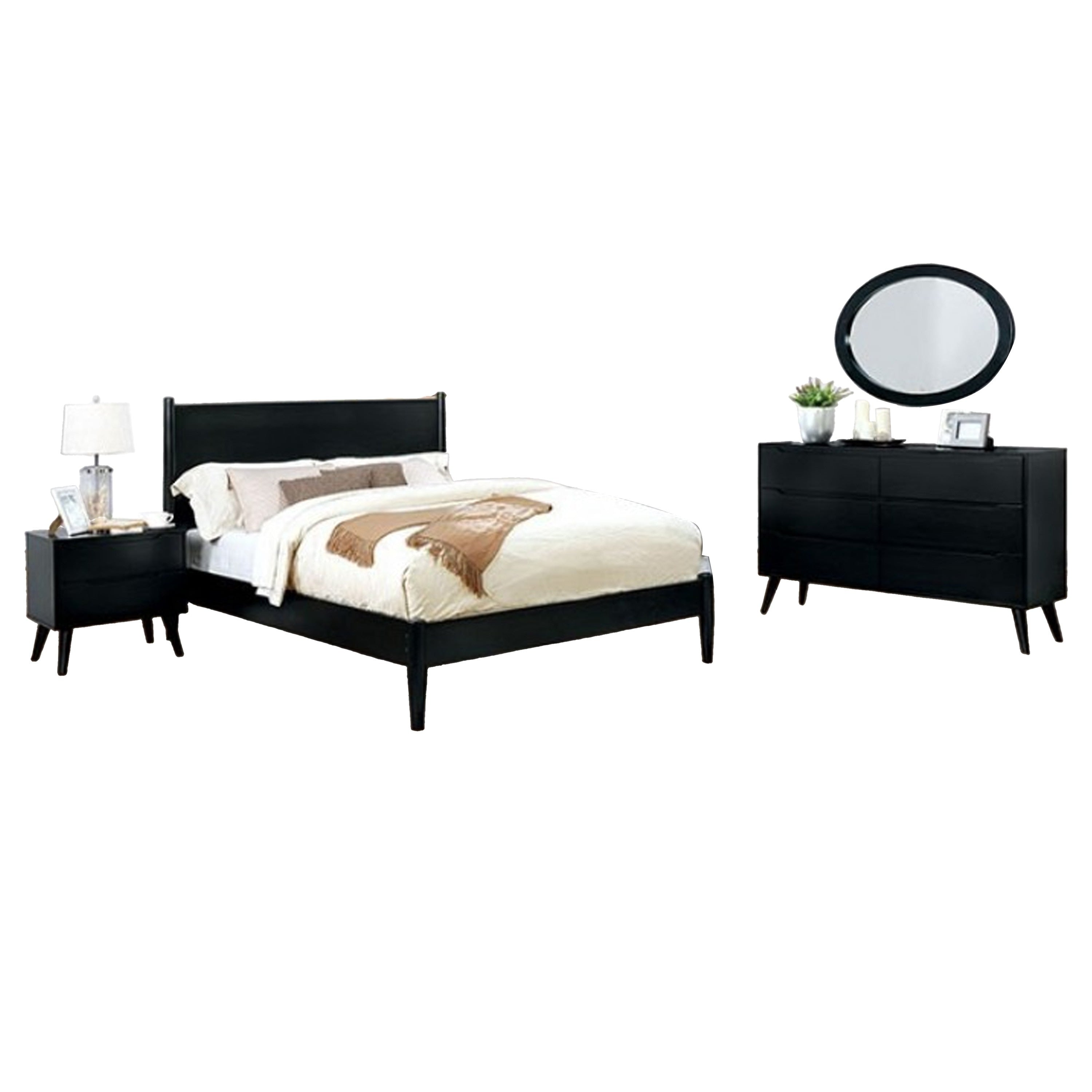 Leyla 4Pc Queen Bedroom Set Dresser With Oval Mirror Black Wood