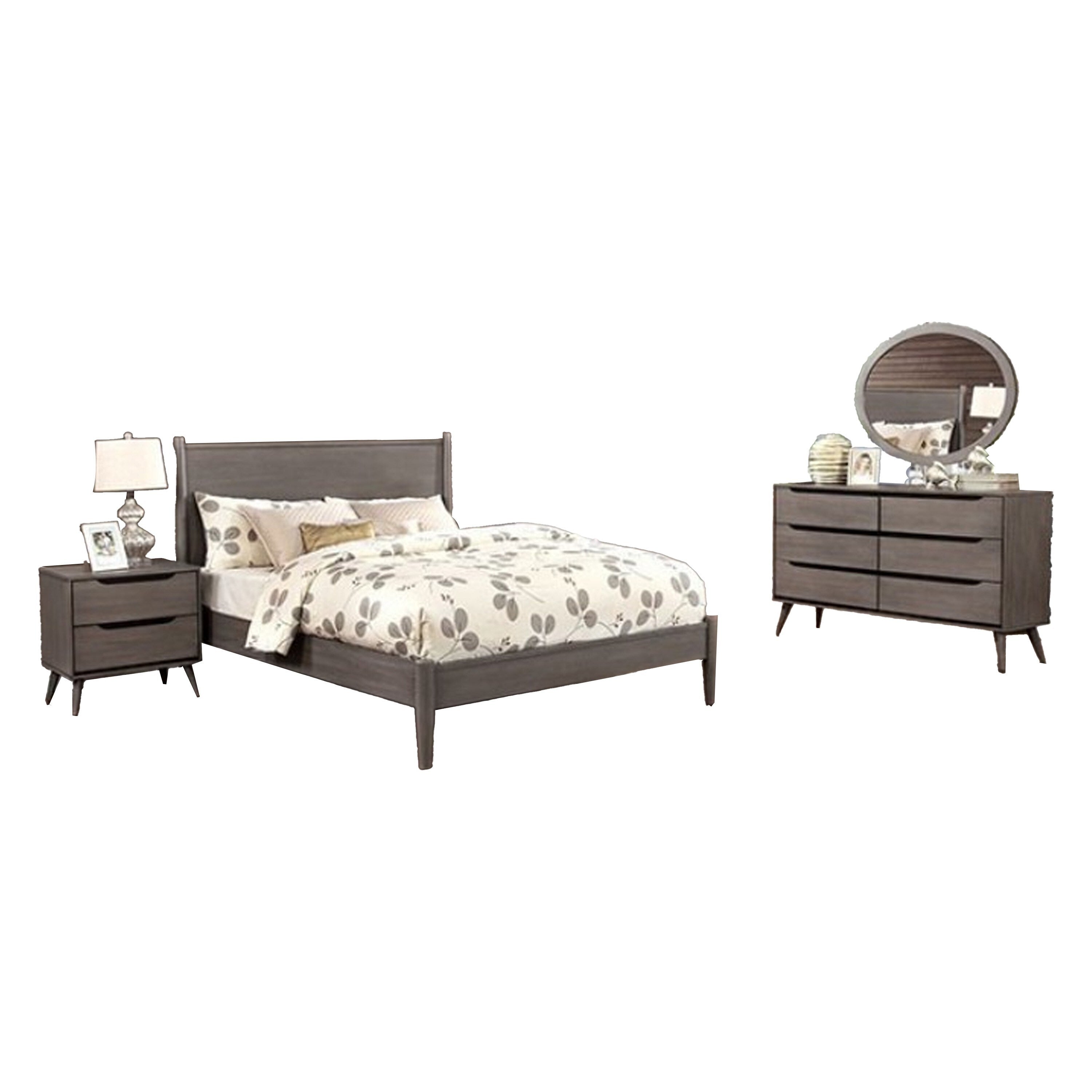 Leyla 4Pc Queen Bedroom Set Dresser With Oval Mirror Gray Wood